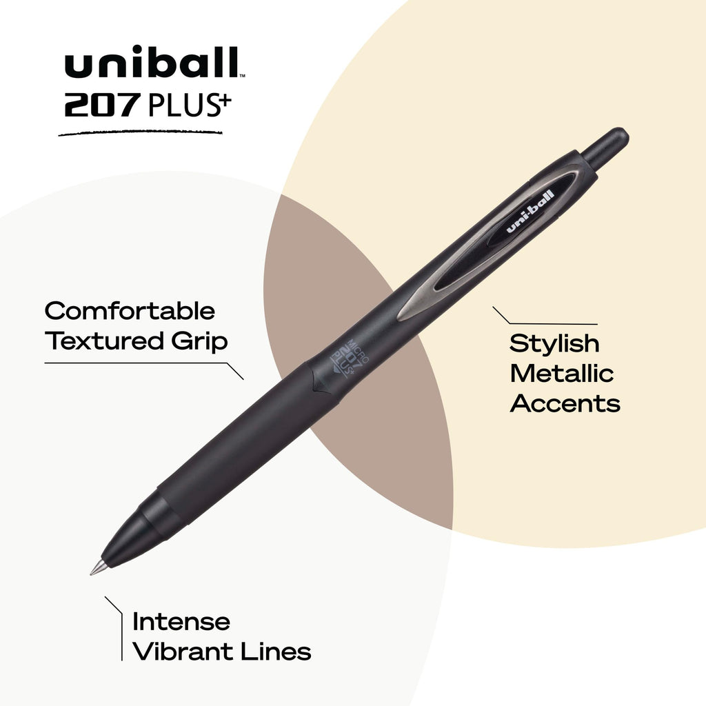 Uniball 207 Plus+ Retractable Gel Pens, Micro Point (0.5mm), Black, 12 Pack