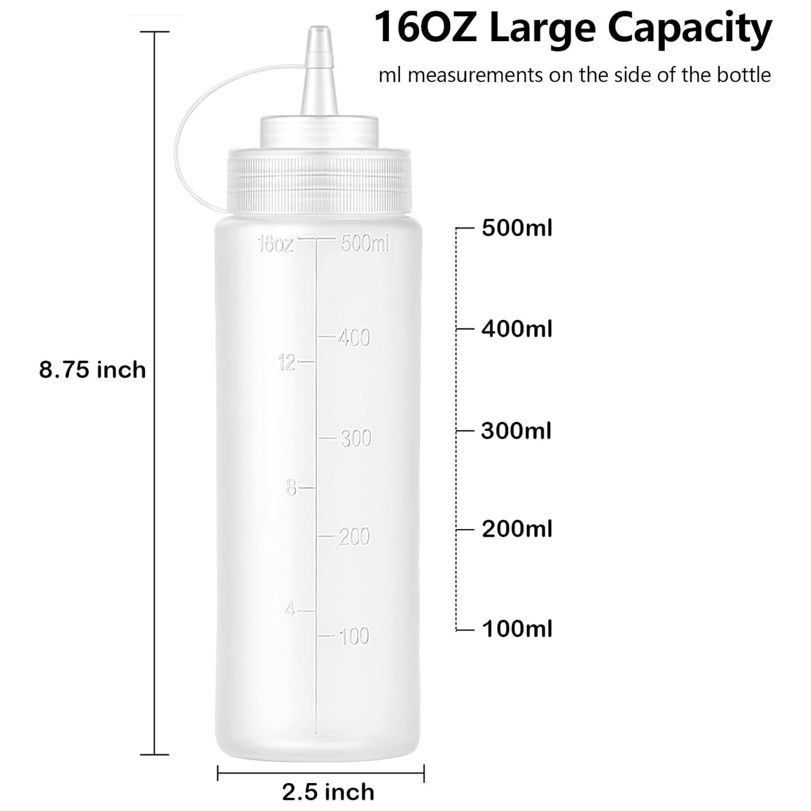 Bekith 12 Pack 16 Oz Plastic Squeeze Condiment Bottles with Twist On Cap Lids and Discrete Measurements, Wide Mouth Empty Squirt Bottle for Sauce, Ketchup, BBQ, Dressing, Paint, Pancake Art Dispenser