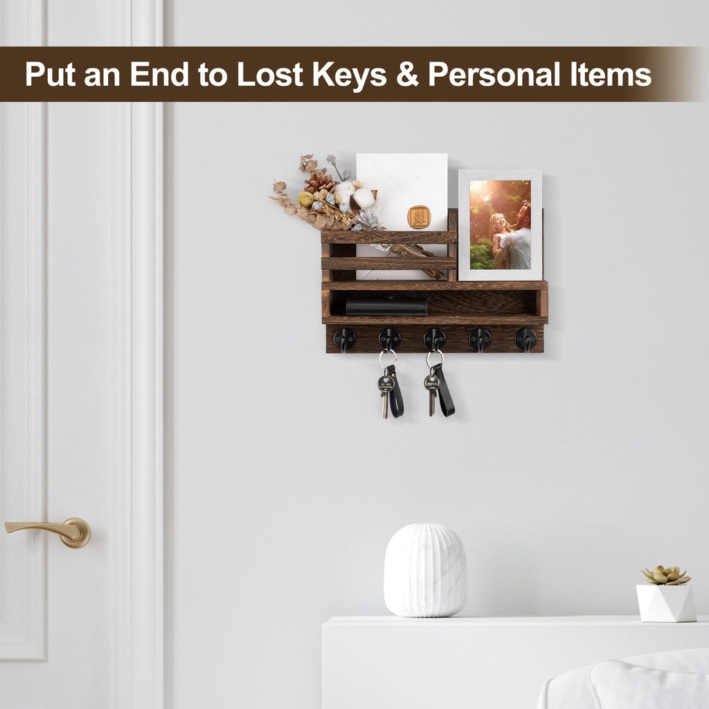 Lucundm Key and Mail Holder Wall Mount, Key Hanger with Long Storage Box and 5 Hooks for Coat, Dog Leash, Home Decor Rack, House Accessories, Entry Way Organizer 11.8”W x 7.8”H x 3.2”D