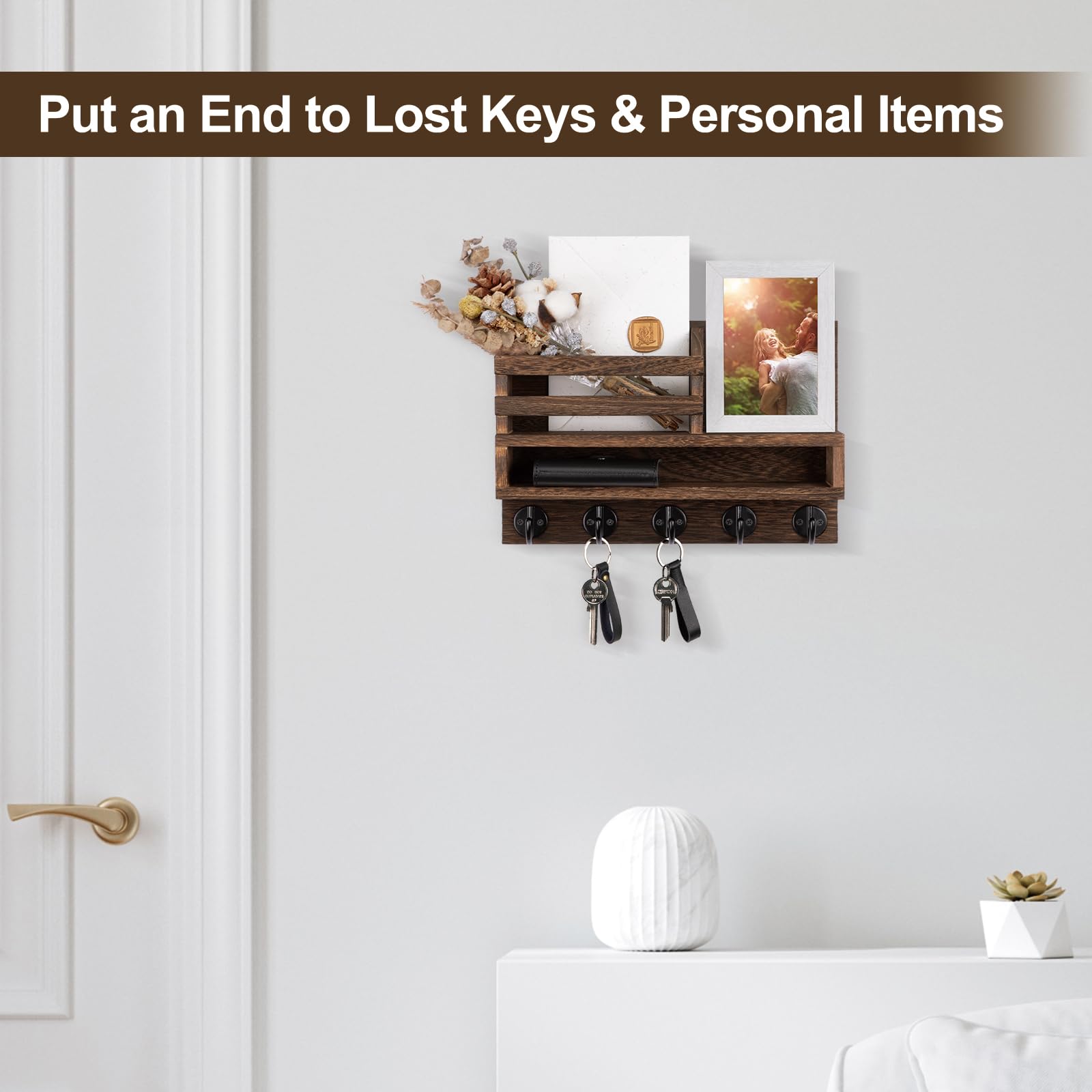 Lucundm Key and Mail Holder Wall Mount, Key Hanger with Long Storage Box and 5 Hooks for Coat, Dog Leash, Home Decor Rack, House Accessories, Entry Way Organizer 11.8”W x 7.8”H x 3.2”D