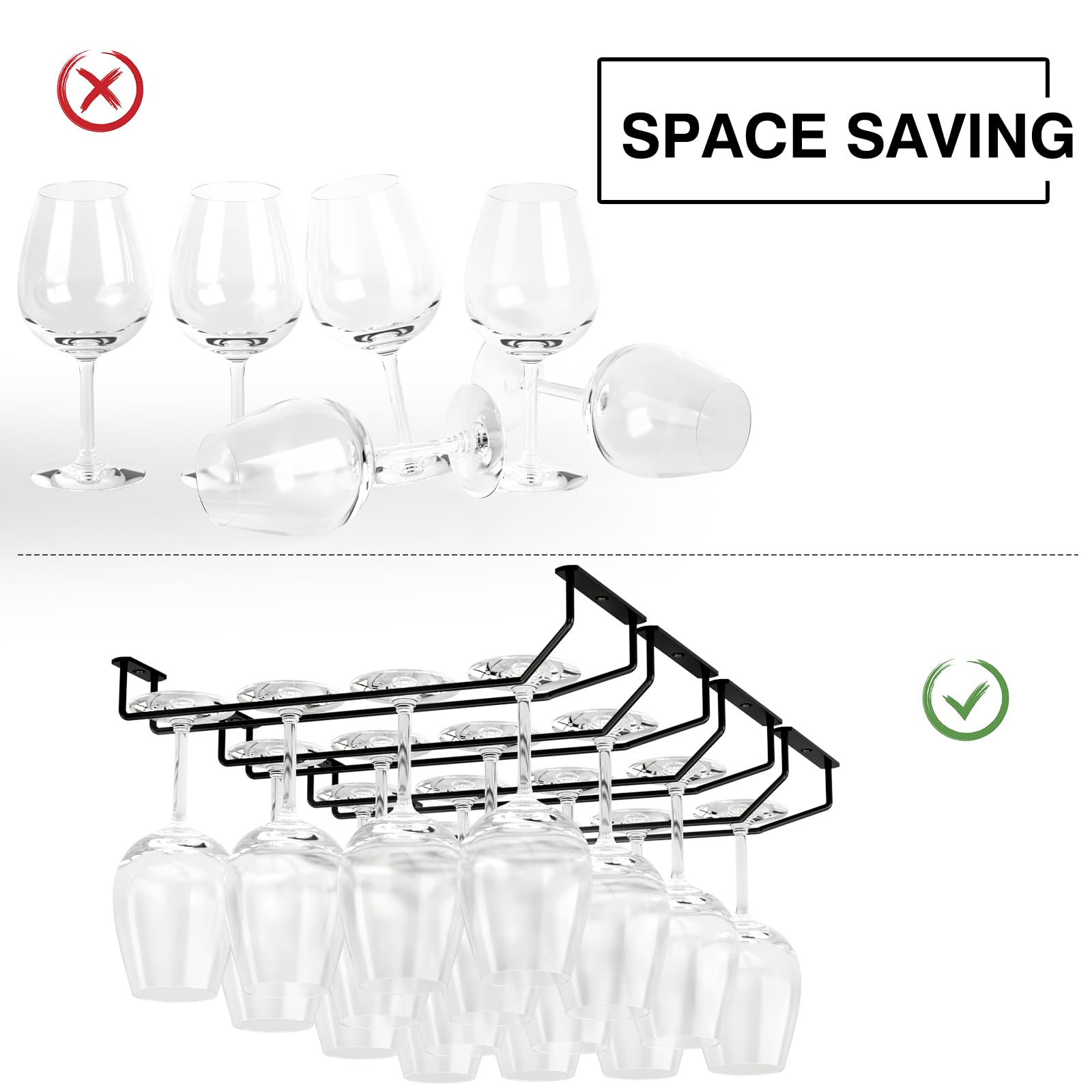 FOMANSH 14-Inch Under Cabinet Wine Glass Rack - Metal Stemware Holder, Single Rail Hanging Rack for Kitchen Bar - Set of 4