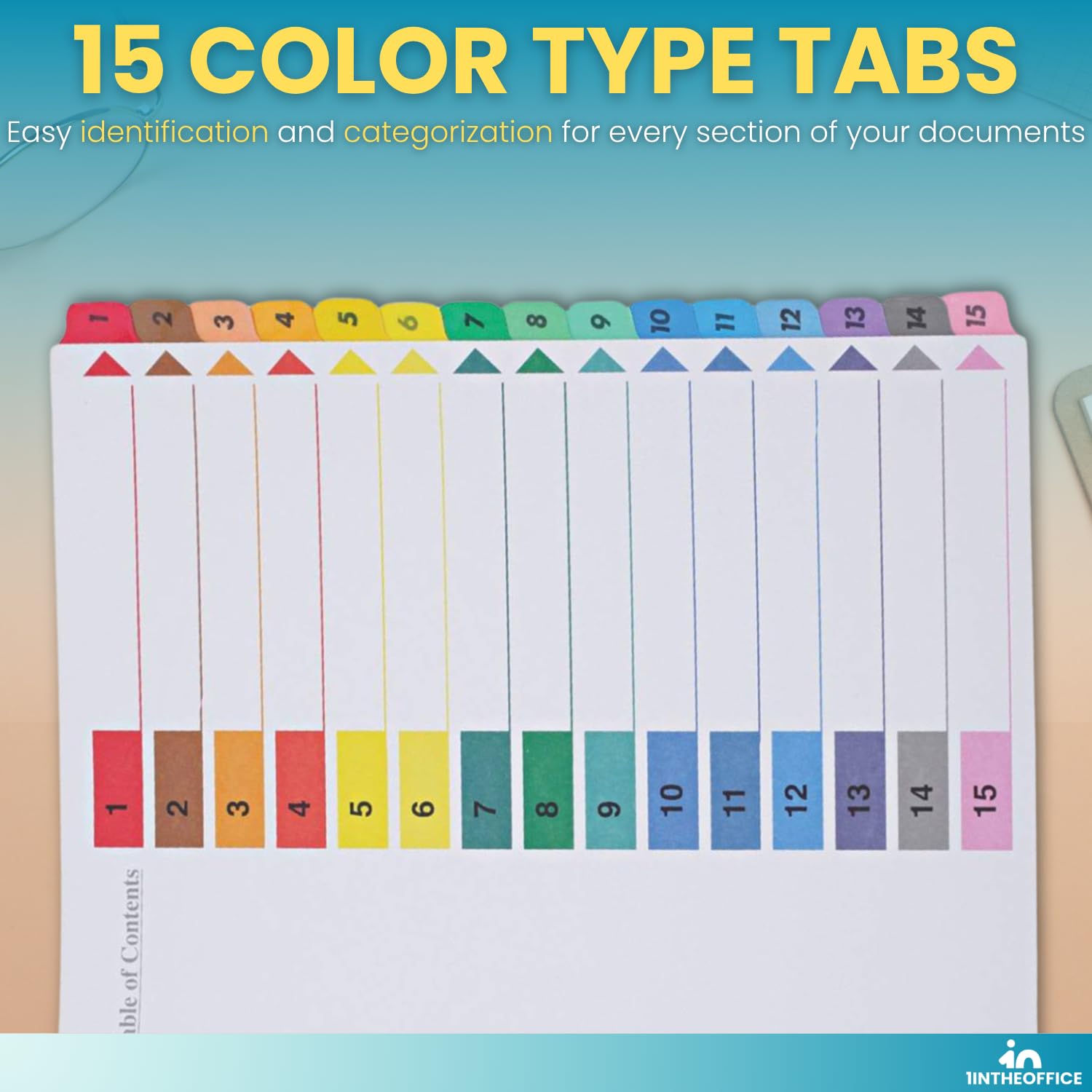 1InTheOffice 15 Tab Dividers for 3 Ring Binders, Table of Contents, 8.5" x 11", Multicolor Tabs, 6 Pack