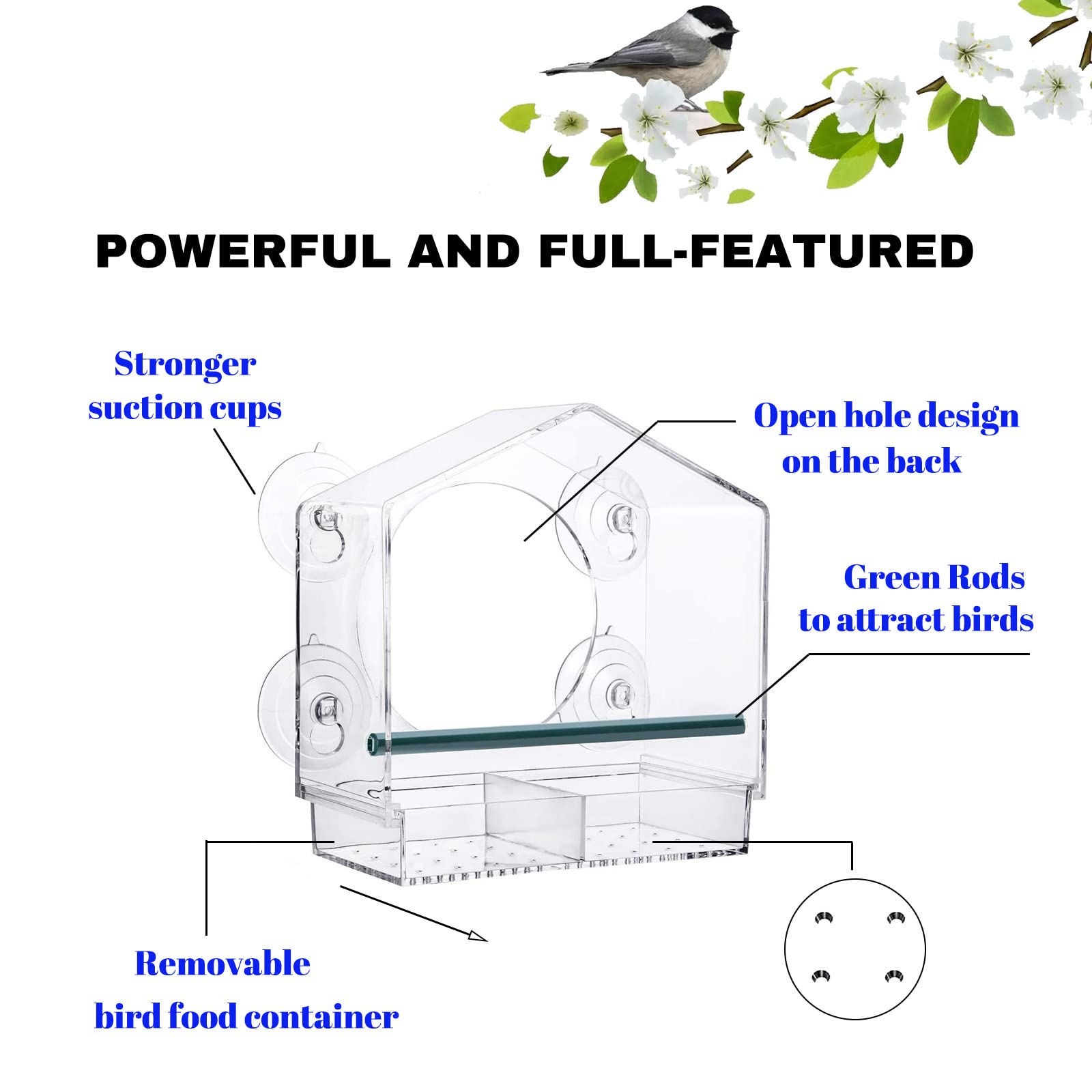 Window Bird-Feeder Birdfeeders-House Crystal Clear-Acrylic - with Strong Suction Cups and Sliding Seed Tray with Drain Drainage Holes