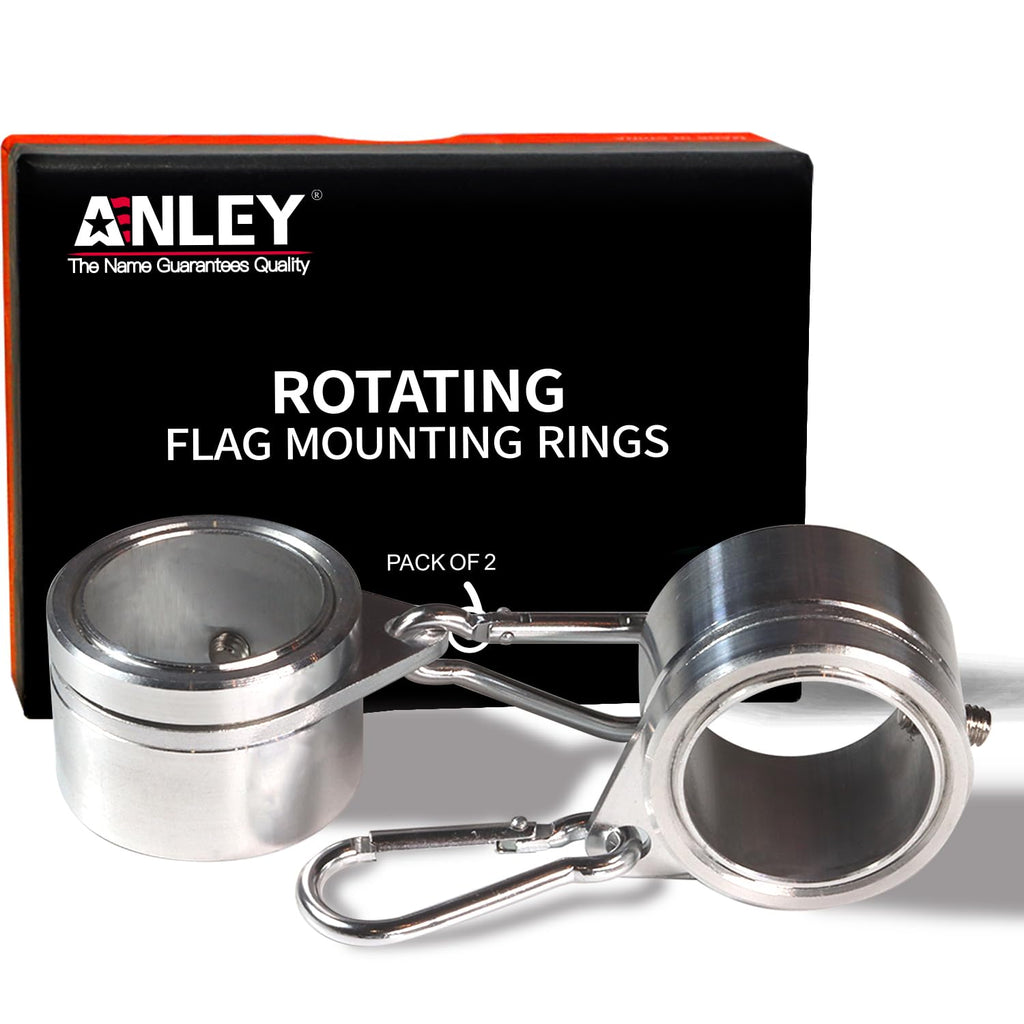 Anley 1.25" Aluminum Flagpole Mounting Rings Set - Anti Wrap 360° Rotatable Ring with Carabiners - Ideal for 1-1/4 Inch Diameter Flag Pole & Flag with 2 Grommets (Silver, Pack of 2)