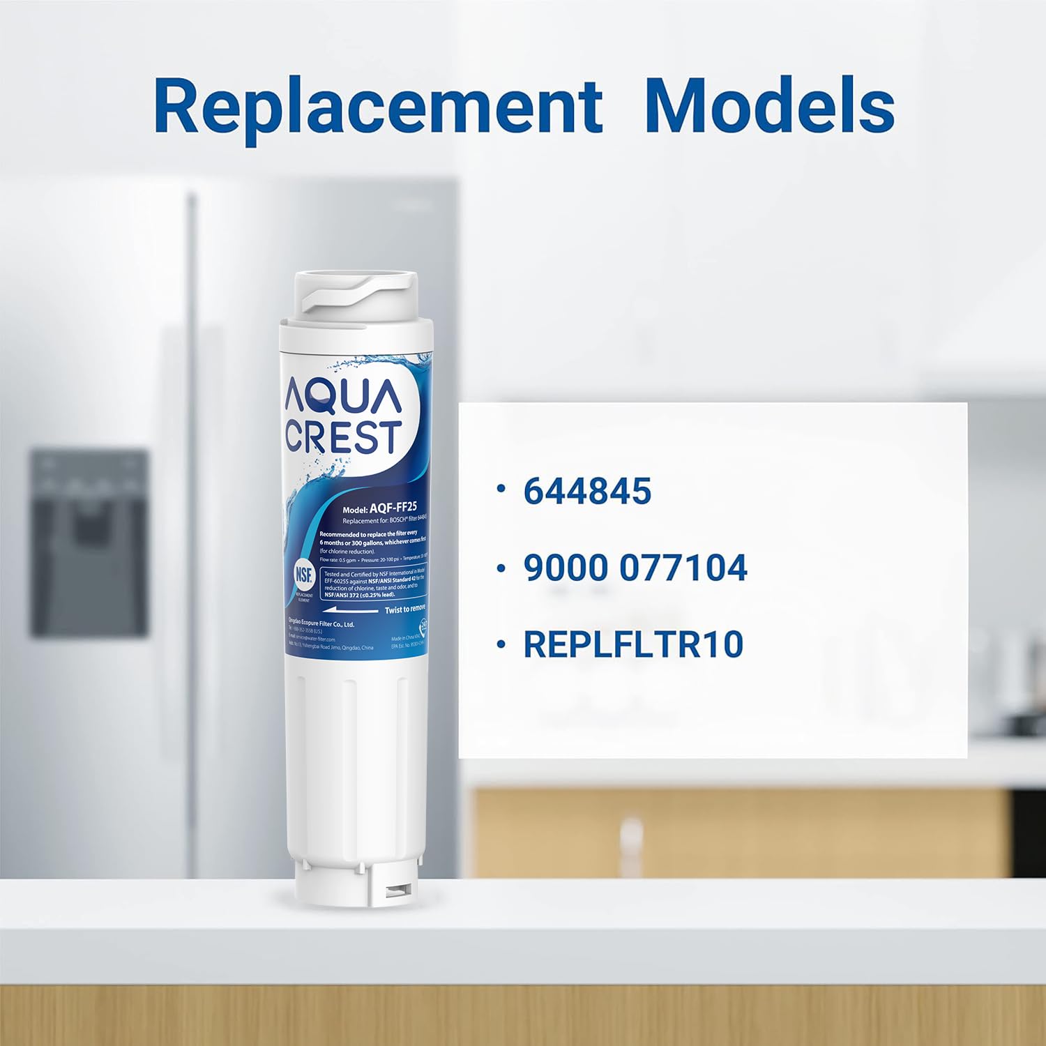 AQUA CREST AQF-FF25 Refrigerator Water Filter Replacement for UltraClarity REPLFLTR10, Bosch Ultra Clarity 644845, 9000 077104, 3 Filters