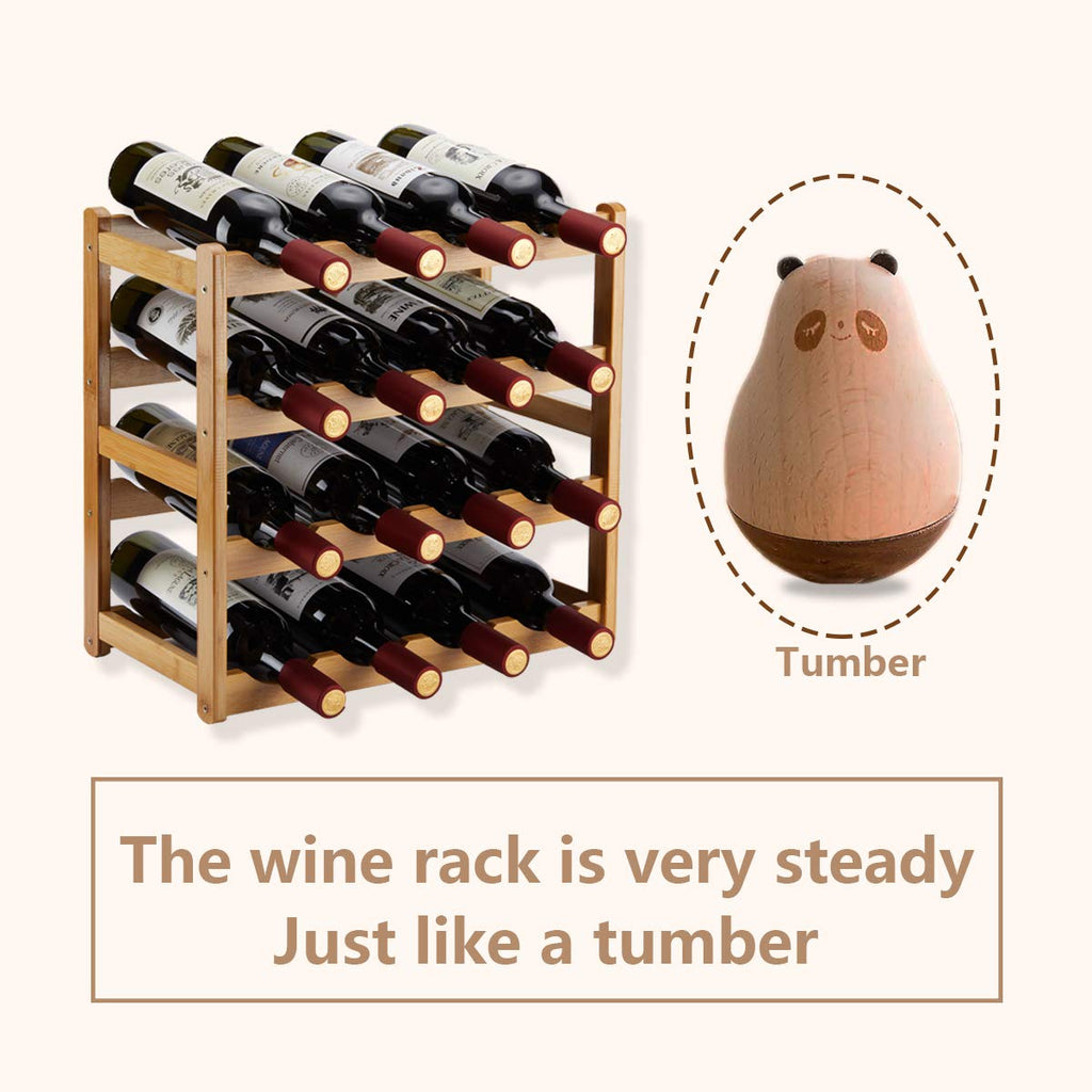 Homevany Bamboo Wine Rack, Sturdy and Durable Countertop Wine Storage Cabinet Shelf for Pantry - 4 Tiers 16 Bottle Wine Rack