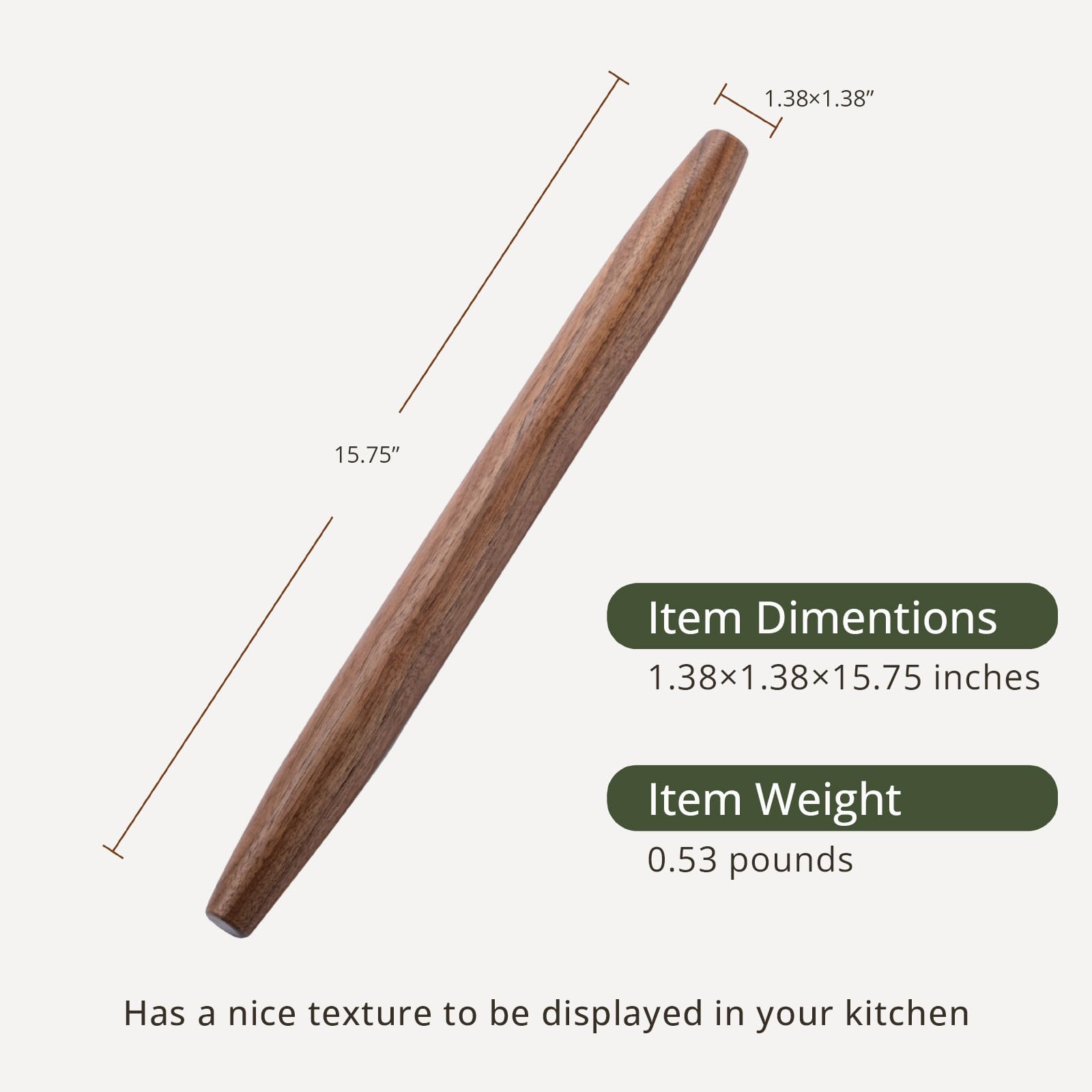 Muso Wood Walnut Rolling Pin for Baking (Walnut 15-3/4 Inch)