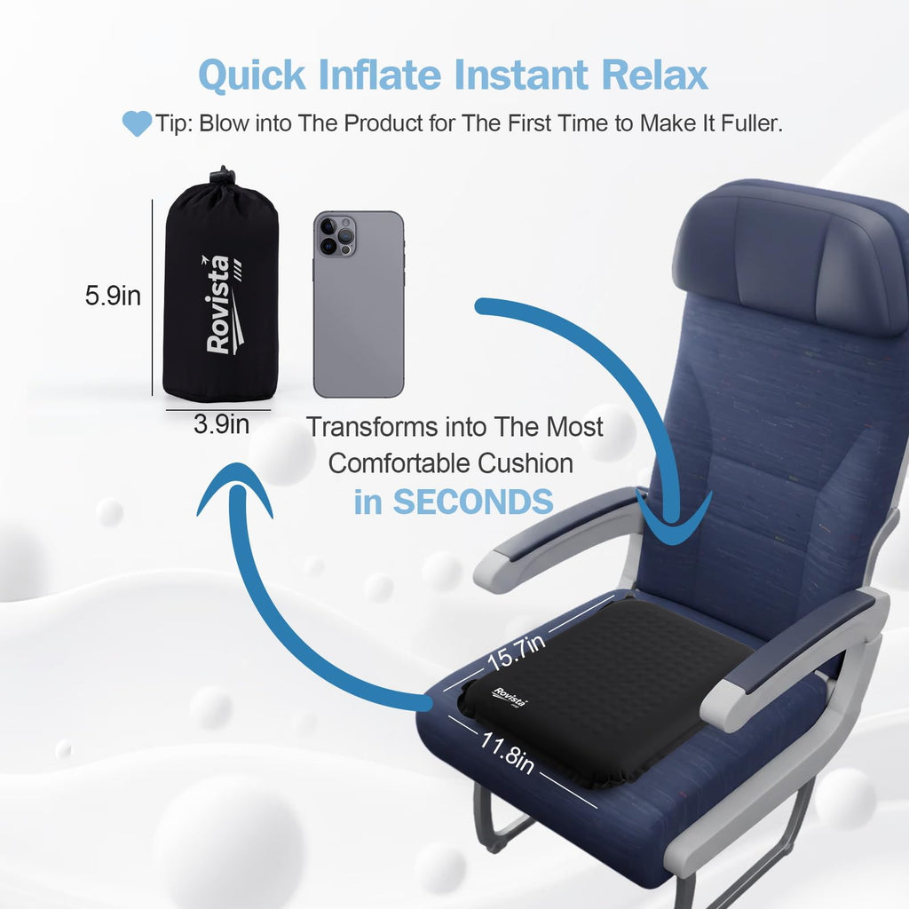 Self-Inflating Airplane Seat Cushion for Long Flights – Portable Travel Cushion Airplane Seat - Memory Foam Travel Seat Cushion Providing Pressure Relief and Premium Comfort (Black)