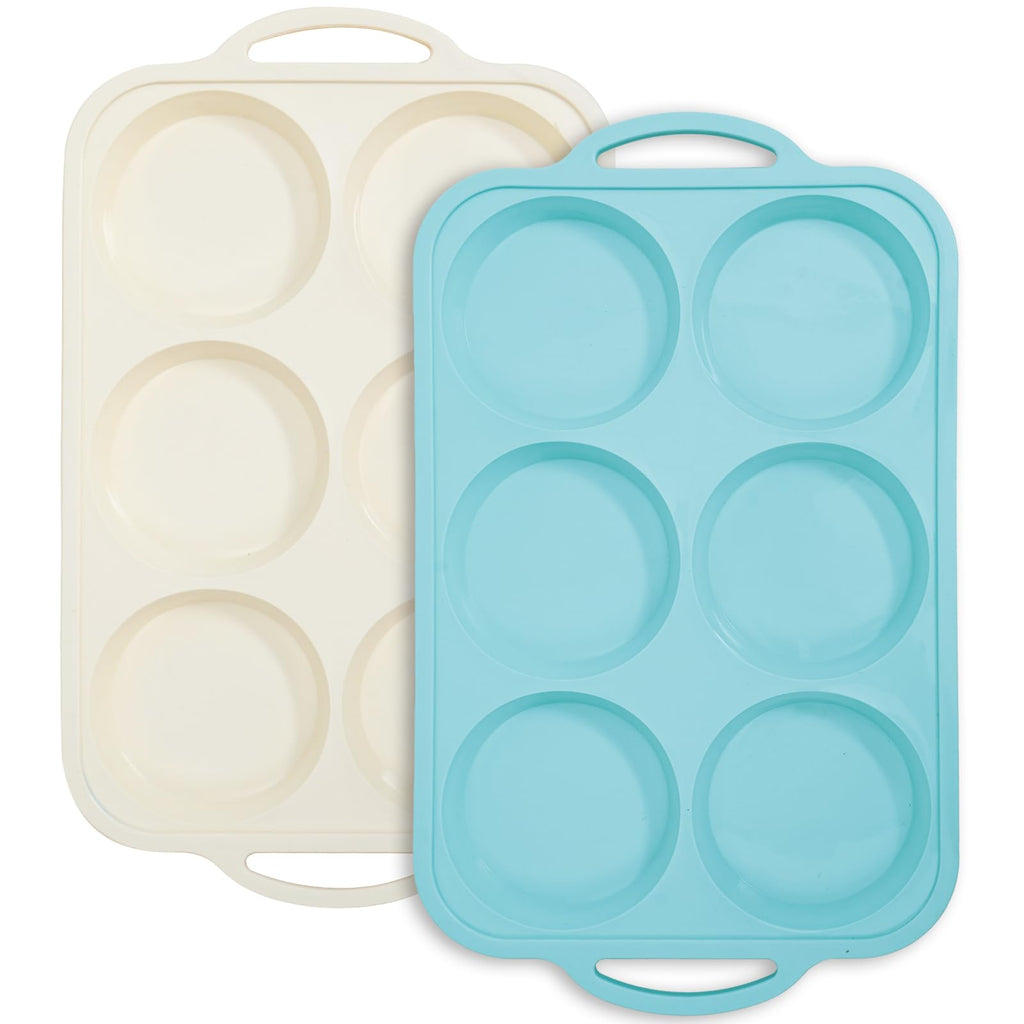 Nonstick Silicone Muffin Top Pan: 4 Inch Jumbo Silicone Egg Molds with Metal Frame for Baking Breakfast Sandwiches/English Muffins Egg Bites Hamburger Buns - for Oven Housewife (Beige& Mint Green)