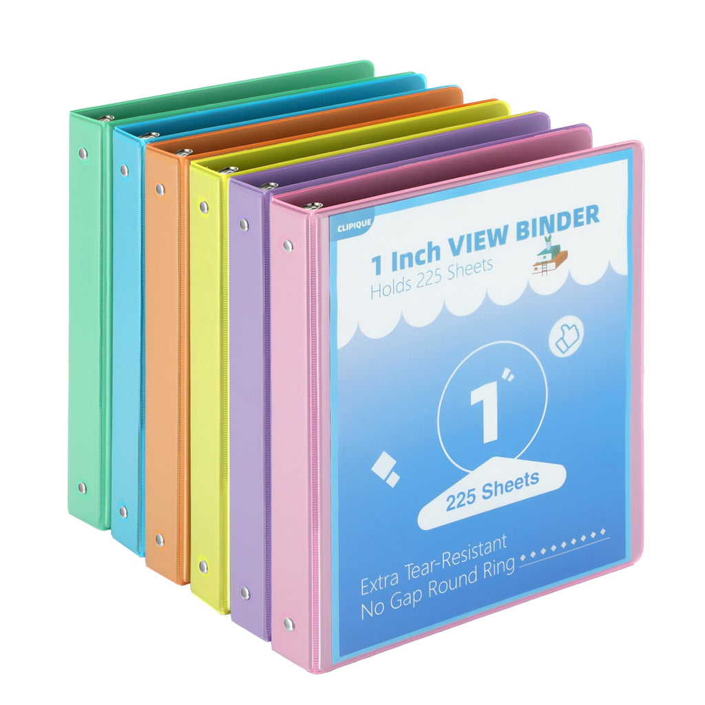 1 Inch Binders 3 Ring,6 Pack Three Ring Binder with 2 Pockets,PVC-Free,Customizable Clear View Cover for 8.5 x 11'' Letter Size Papers, Round Ring， Ideal for School, Office Supplies