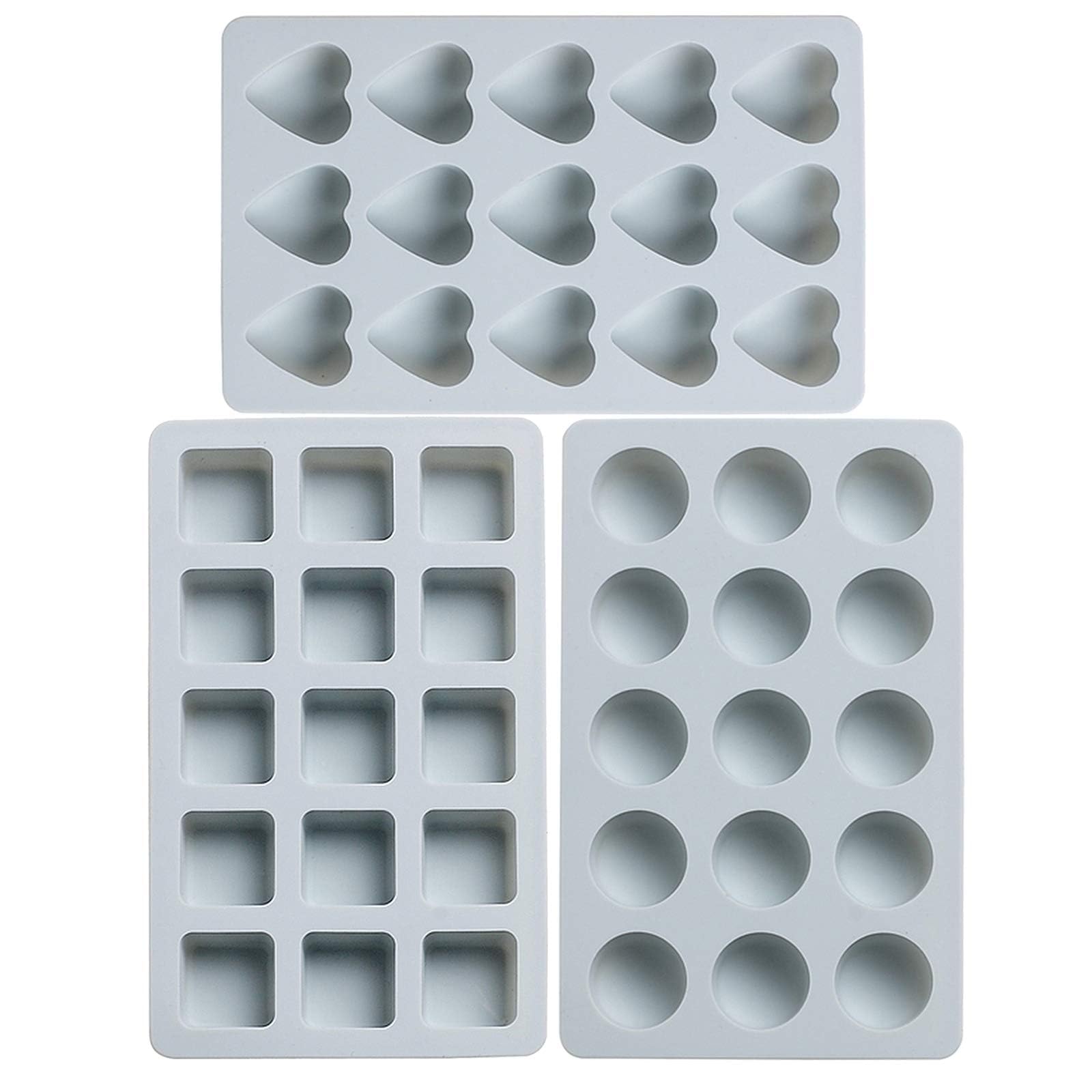 REKIDOOL 3 Pieces Candy and Chocolate Silicone Molds Set Non-Stick Including Heart, Round, Square Baking Mold for Hard Candy, Gummy, Hot Caramel, Ice, Cake, Jello, Ganache (Blue)