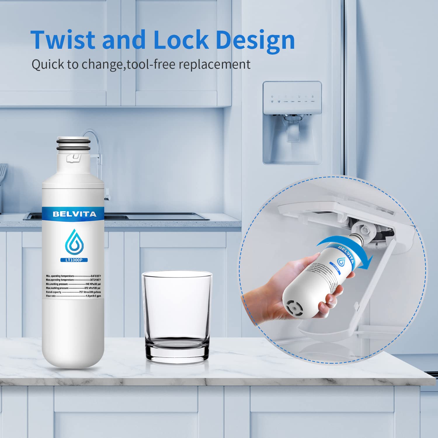 LT1000P Refrigerator Water Filter Replacement by BELVITA , Compatible with LG LT1000P, LT1000PC, LT1000PCS, MDJ64844601, ADQ747935, ADQ74793501, ADQ74793502, Kenmore 469980, 9980 (Pack of 3)