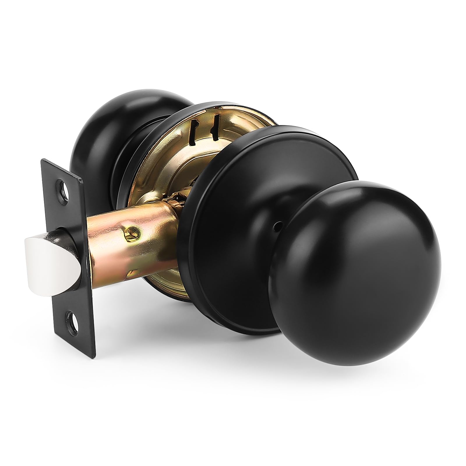GOBEKOR 1 Pack Matte Black Door Knob Interior, Passage Door Knob Handles Non-Locking, Flat Ball Knob Closet/Hall Doorknob Keyless, Solid Stainless Steel Door Handle Lock, Reversible for Right or Left