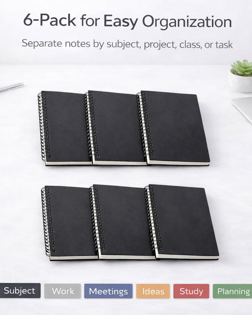A5 Spiral Notebooks, 6-Pack, College Ruled 7mm Lined Paper, 160 Pages (80 Sheets) Each, Durable Poly Cover, Lay-Flat 180° – Notebooks for School & Work, Subject & Project Notes (Black)