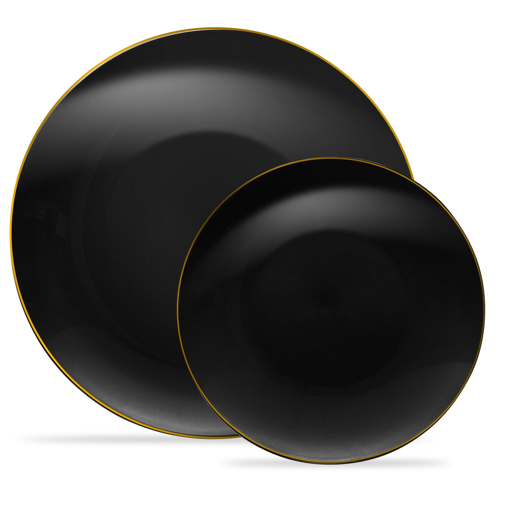 PLASTICPRO 32 Piece Combo Plate Set includes 16-7'' inch Plates & 16-10'' inch Dinner Plate Black Plastic With Gold Rim Design Party Plates, Premium heavyweight Elegant, Disposable