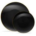 PLASTICPRO 32 Piece Combo Plate Set includes 16-7'' inch Plates & 16-10'' inch Dinner Plate Black Plastic With Gold Rim Design Party Plates, Premium heavyweight Elegant, Disposable