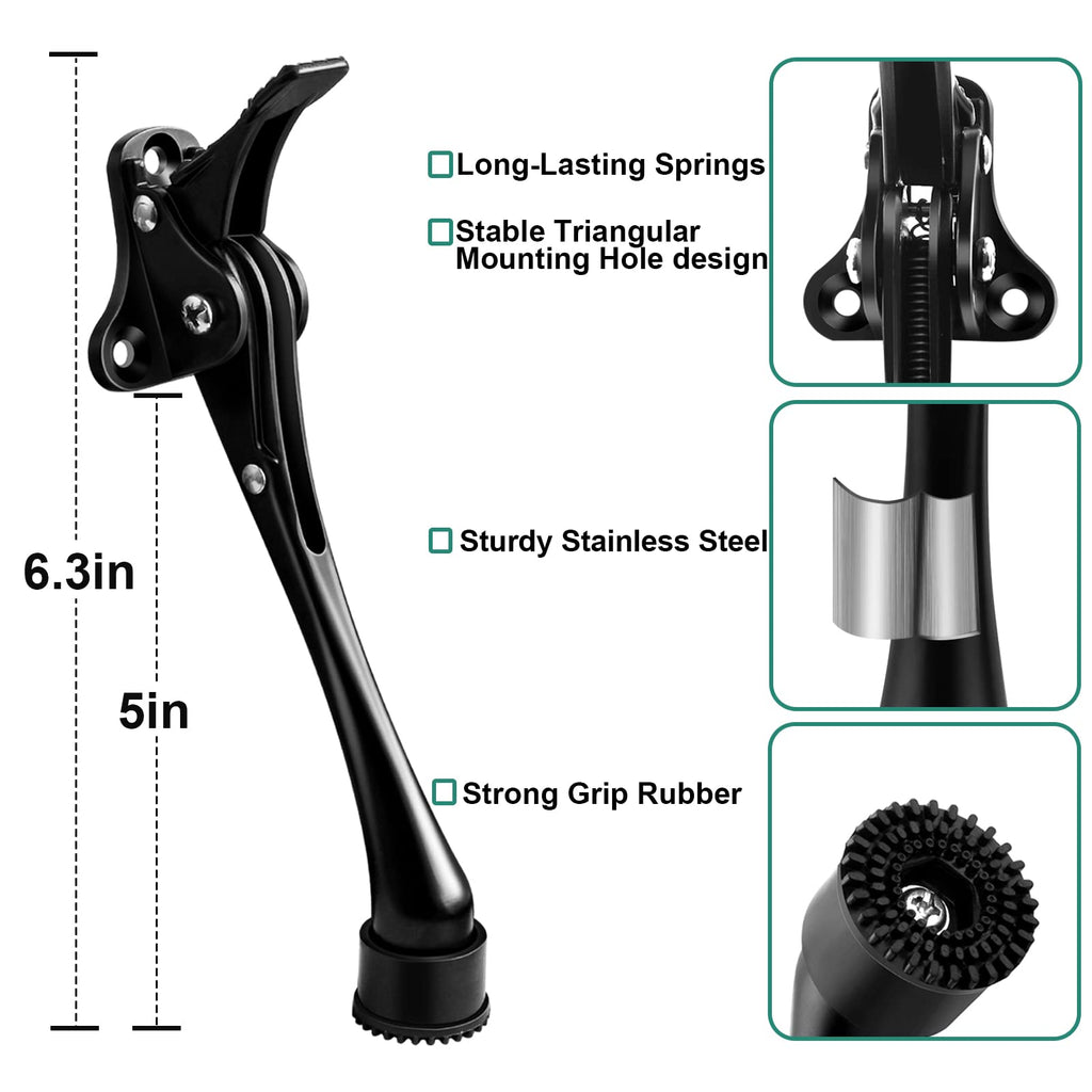 Door Stops, 6 Inch Kickdown Door Stopper with Non-Slip Rubber Tip, One Touch Heavy Duty Bottom Holder, Adjustable Metal Door Stop, 2 Pack, Black