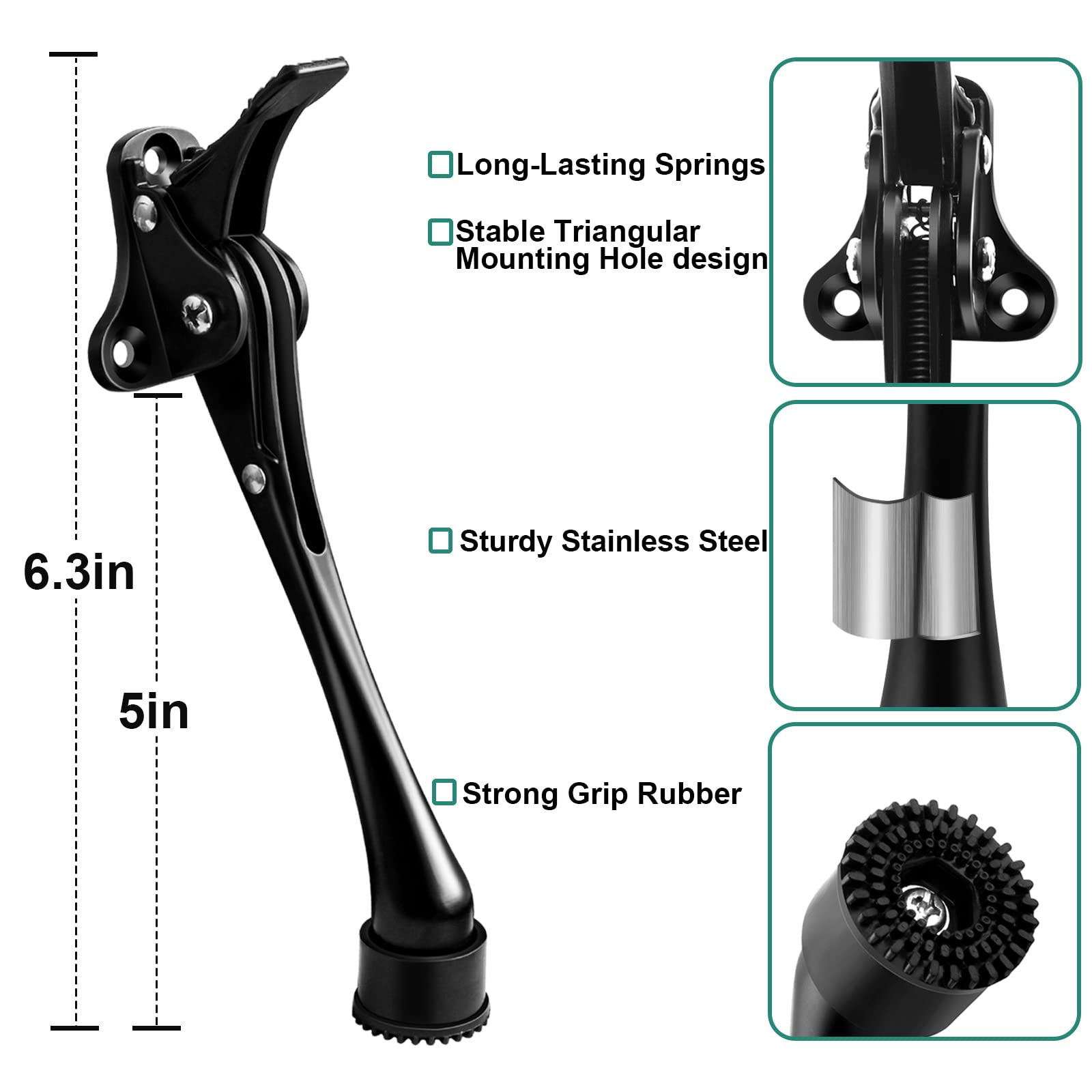 Door Stops, 6 Inch Kickdown Door Stopper with Non-Slip Rubber Tip, One Touch Heavy Duty Bottom Holder, Adjustable Metal Door Stop, 2 Pack, Black