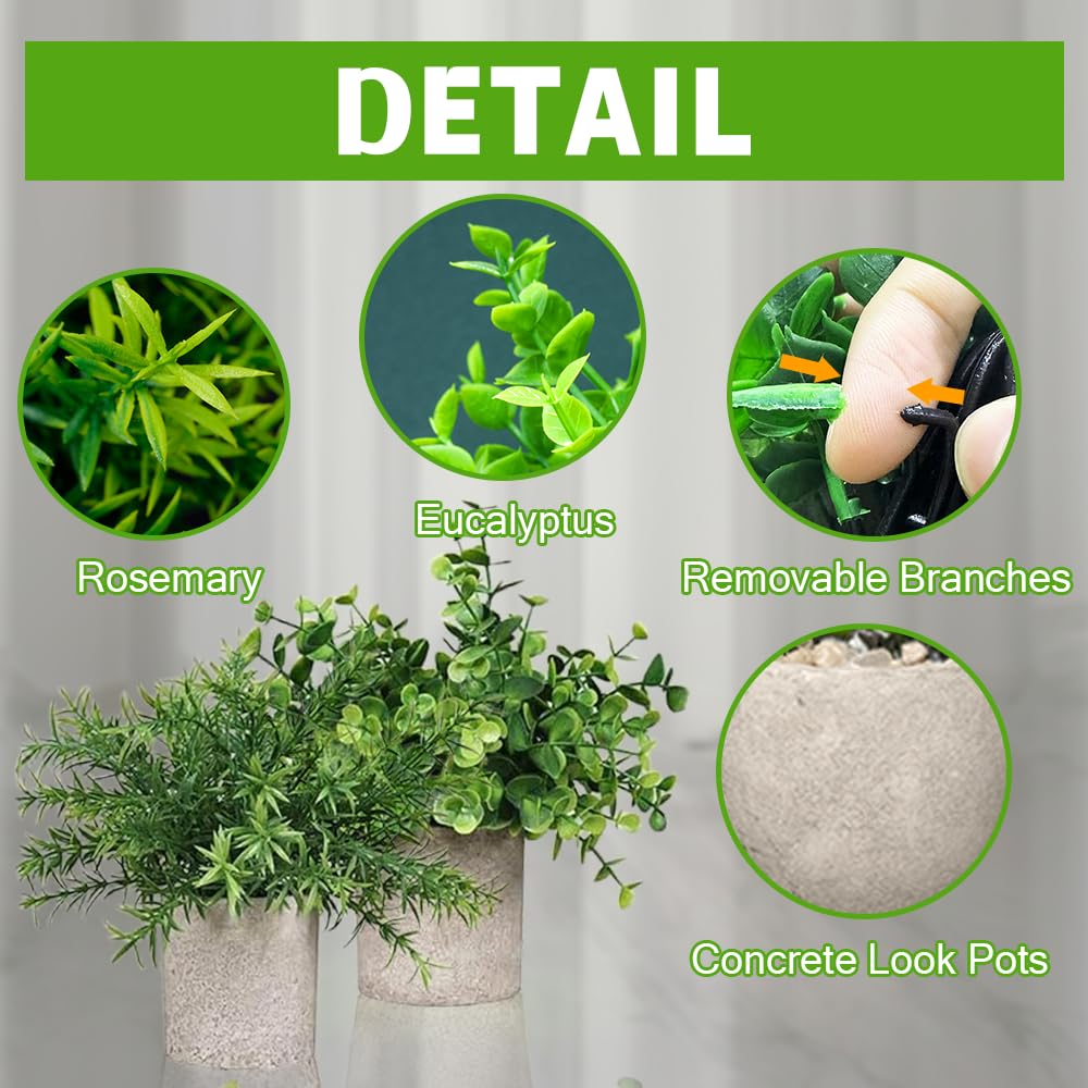 4 Set Artificial Plants Indoors in Pots, Small Plastic Fake Plants, Eucalyptus, Rosemary, Mini Succulents Faux Plant for Office Decor, Desk, Bedroom, Bathroom, Kitchen, Home Decoration in Spring.