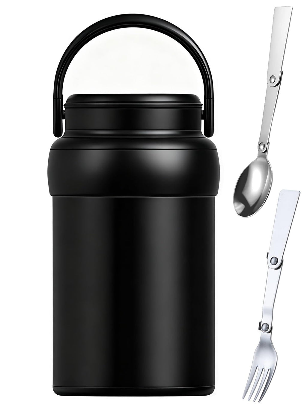 Insulated Food Jar (Black), 600ml 316 Stainless Steel Thermal Flask for Hot & Cold Meals, Double Wall Vacuum Insulated, Leak-Proof Vacuum Food Container with Folding Spoon & Fork