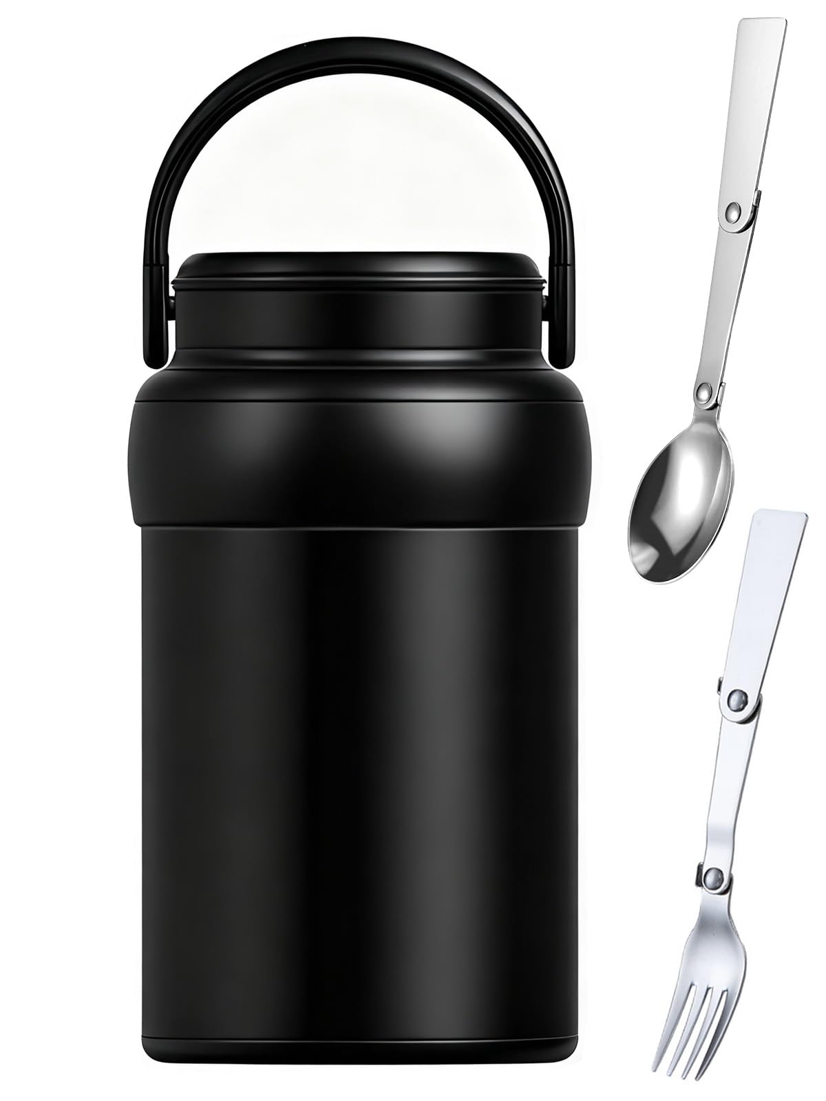 Insulated Food Jar (Black), 600ml 316 Stainless Steel Thermal Flask for Hot & Cold Meals, Double Wall Vacuum Insulated, Leak-Proof Vacuum Food Container with Folding Spoon & Fork