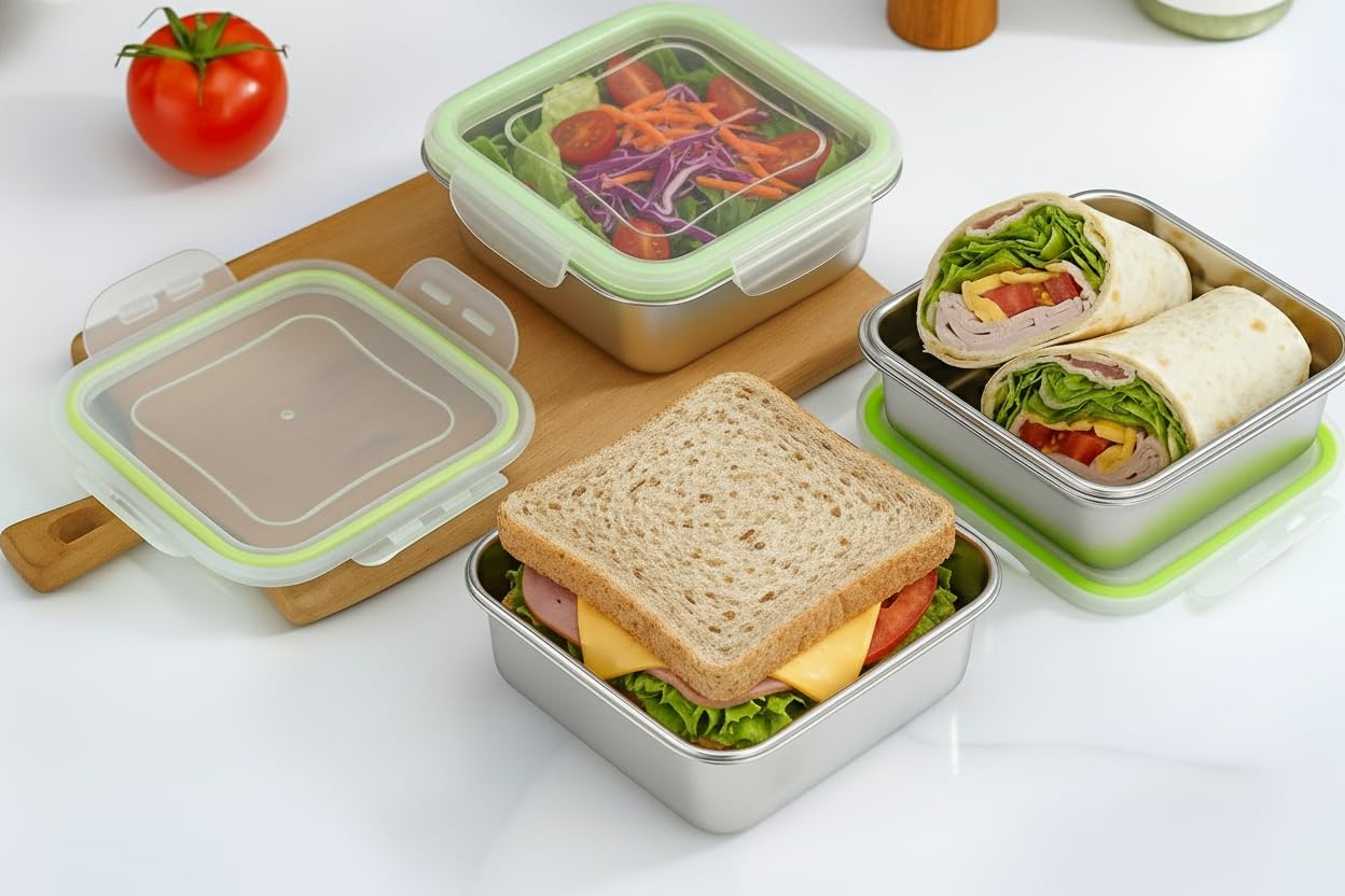 SnapMate - Set of 3 Stainless Steel Sandwich Containers - Food Grade Metal Base with a BPA Free, Leakproof & Airtight Sealed Lid. Great for Sandwiches, Snacks, Meal Prep & Food Storage - Sandwich Box.