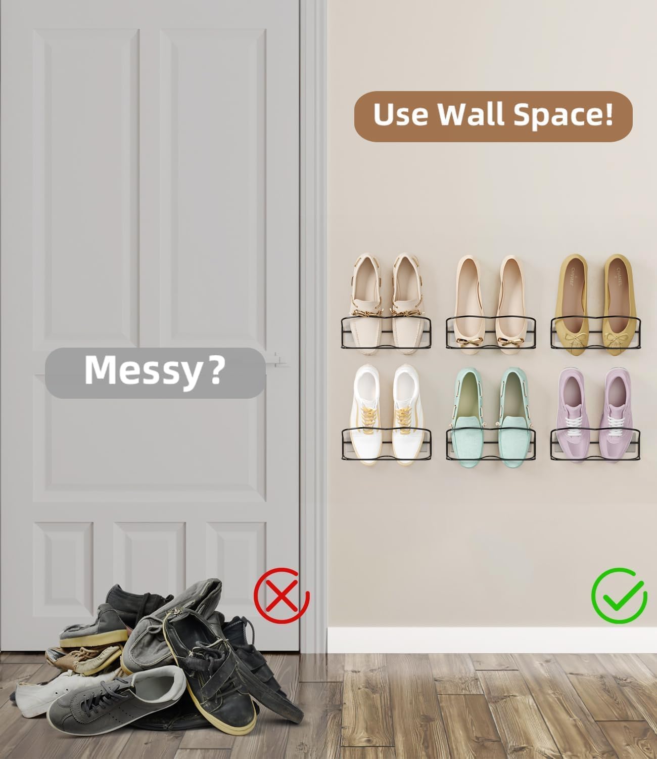 PrimZooty Wall Mounted Shoe Rack 6PCS, with Sticky Hanging Strips, Metal Wall Shoe Storage, Hanging Shoe Organizer for Wall/RV/Door