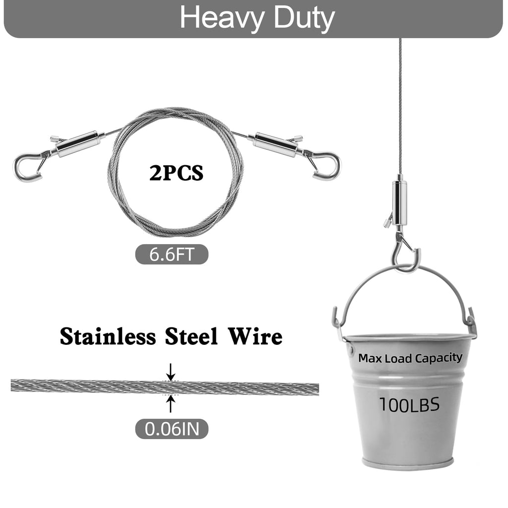 Adjustable Picture Hanging Wire, Upgrade Mirror Frame Hanging Kit, 6.6FT Heavy Duty Stainless Steel Wire Rope, Supports Up to 100lbs (Silver, 4PCS-6.6FT)