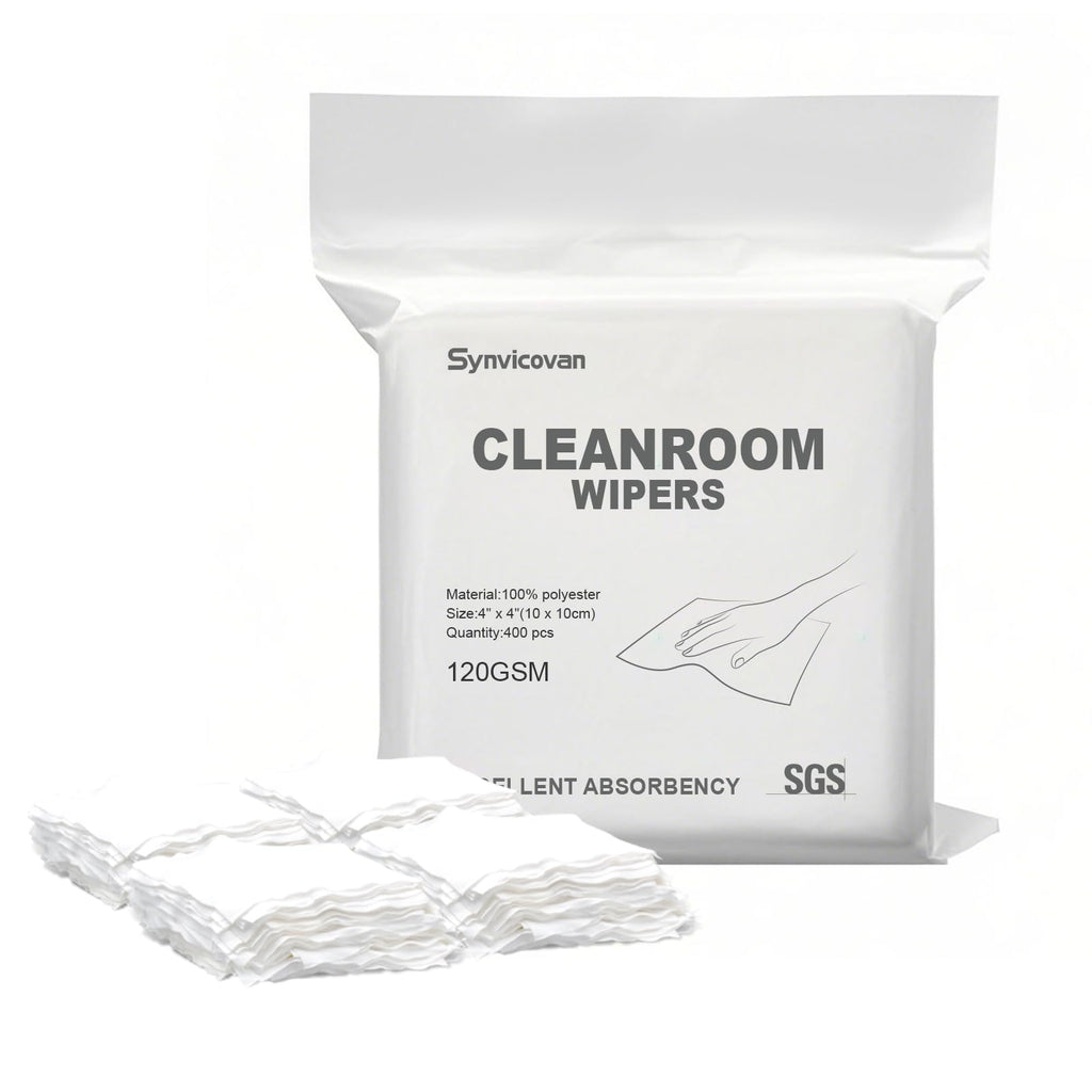 Synvicovan Cleanroom Wipers 4"x4"(400 Pcs, 100% Polyester, Class 100, 120GSM) Double Knit 100% Lint Free Cloths with Ultra-fine Filaments, Laser Sealed Edge Ultra-Soft Wipers