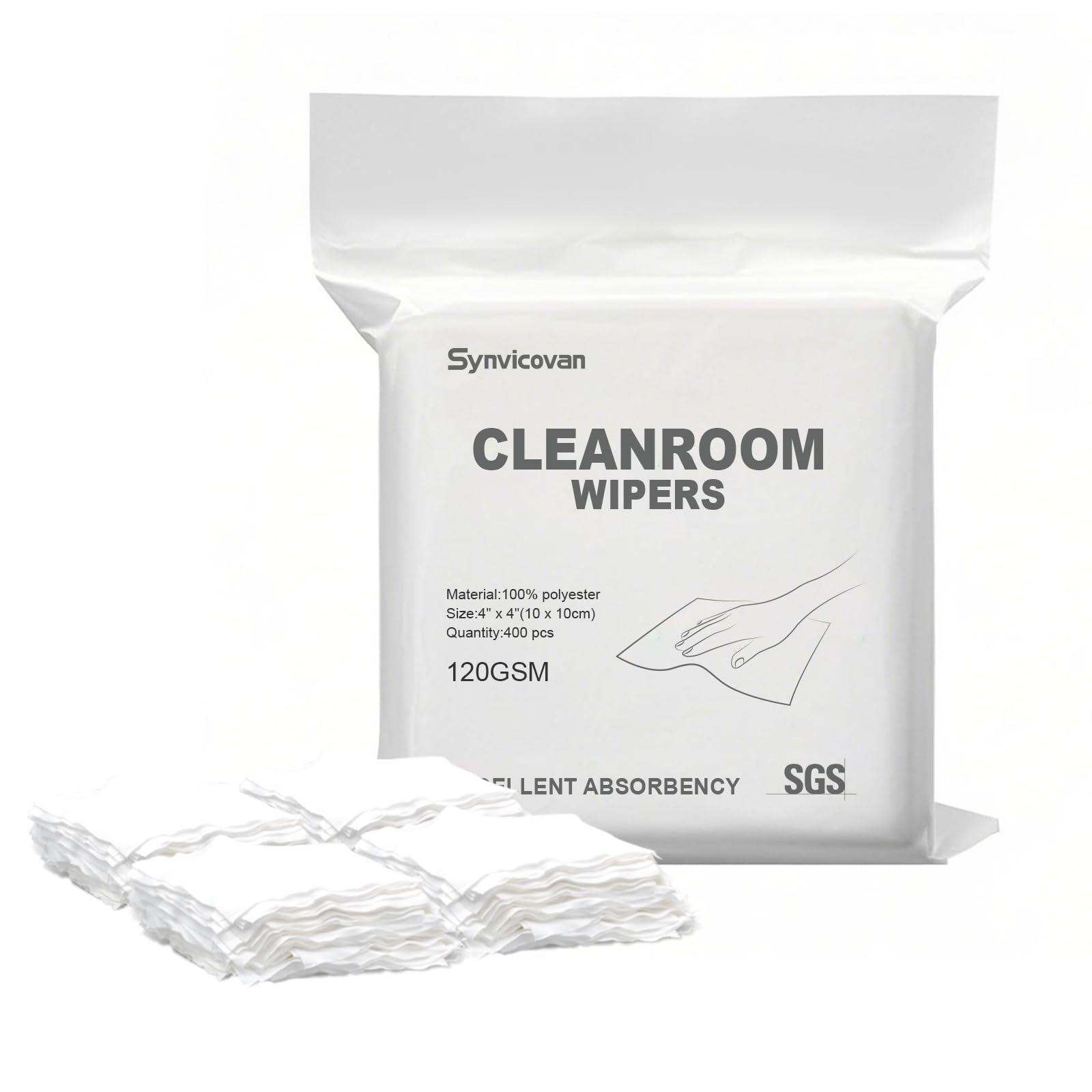 Synvicovan Cleanroom Wipers 4"x4"(400 Pcs, 100% Polyester, Class 100, 120GSM) Double Knit 100% Lint Free Cloths with Ultra-fine Filaments, Laser Sealed Edge Ultra-Soft Wipers