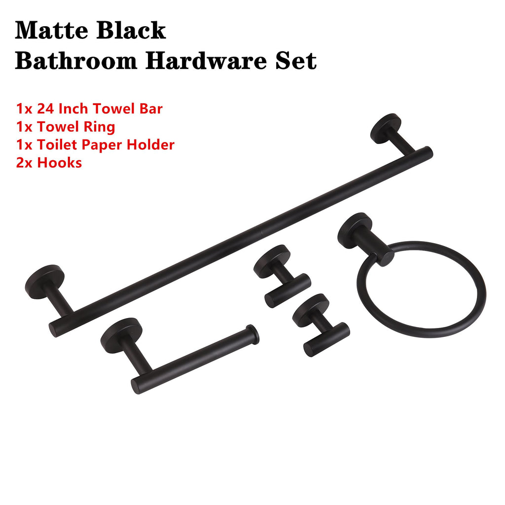 Ntipox Matte Black Bathroom Hardware Set 5 Piece, Stainless Steel Towel Bar Set 24 Inch,Toilet Paper Holder,Towel Ring Holder,Towel Rack Set,Black Bathroom Accessories Kit