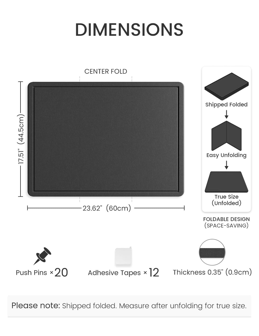 Fluxynara Bulletin Board, 23.6" x 17.5" Cork Board Alternative with 12 Safe Removable Adhesive Tabs, Foldable Felt Pin Board for Home Office, Classroom, Bedroom,Entryway for Walls— Black