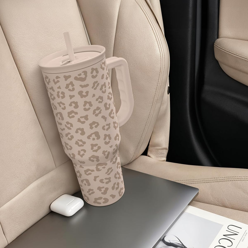 SANDJEST Leopard Tumbler with Handle, Insulated Cup Stainless Steel Travel Mug Cup, Gifts for Women Girl on Birthday Christmas, Tan Leopard, 40oz