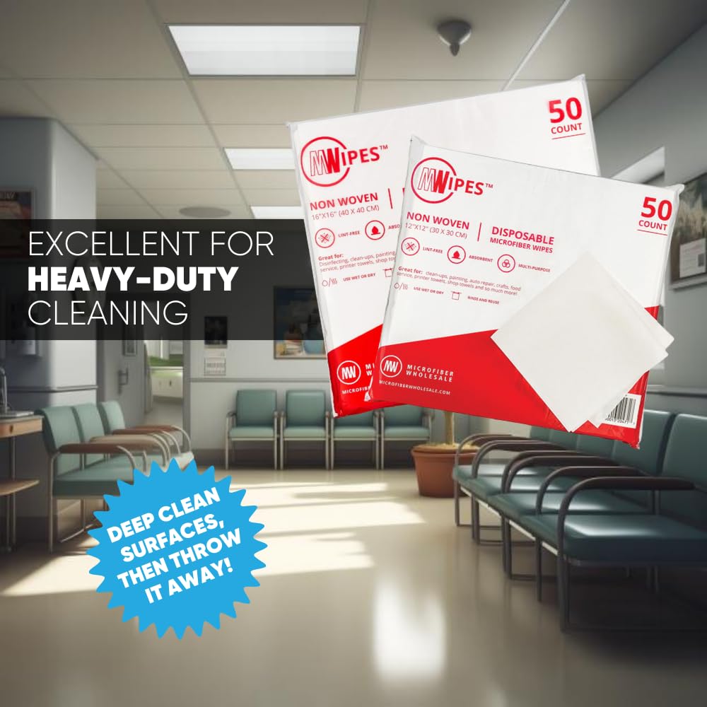 Mwipes Lint Free Cloth - 16" x 16" 50 Pack, Highly Absorbent Disposable Microfiber Cleaning Cloths for Industrial, Staining, Cast Iron, Woodworking, Personal Care, Optical, Electronics