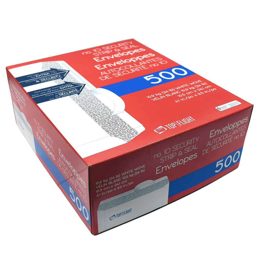 Top Flight PSTF10NWT #10 Envelopes, Strip & Seal, Security Tinted, White Paper, 24 lb, 500 Count
