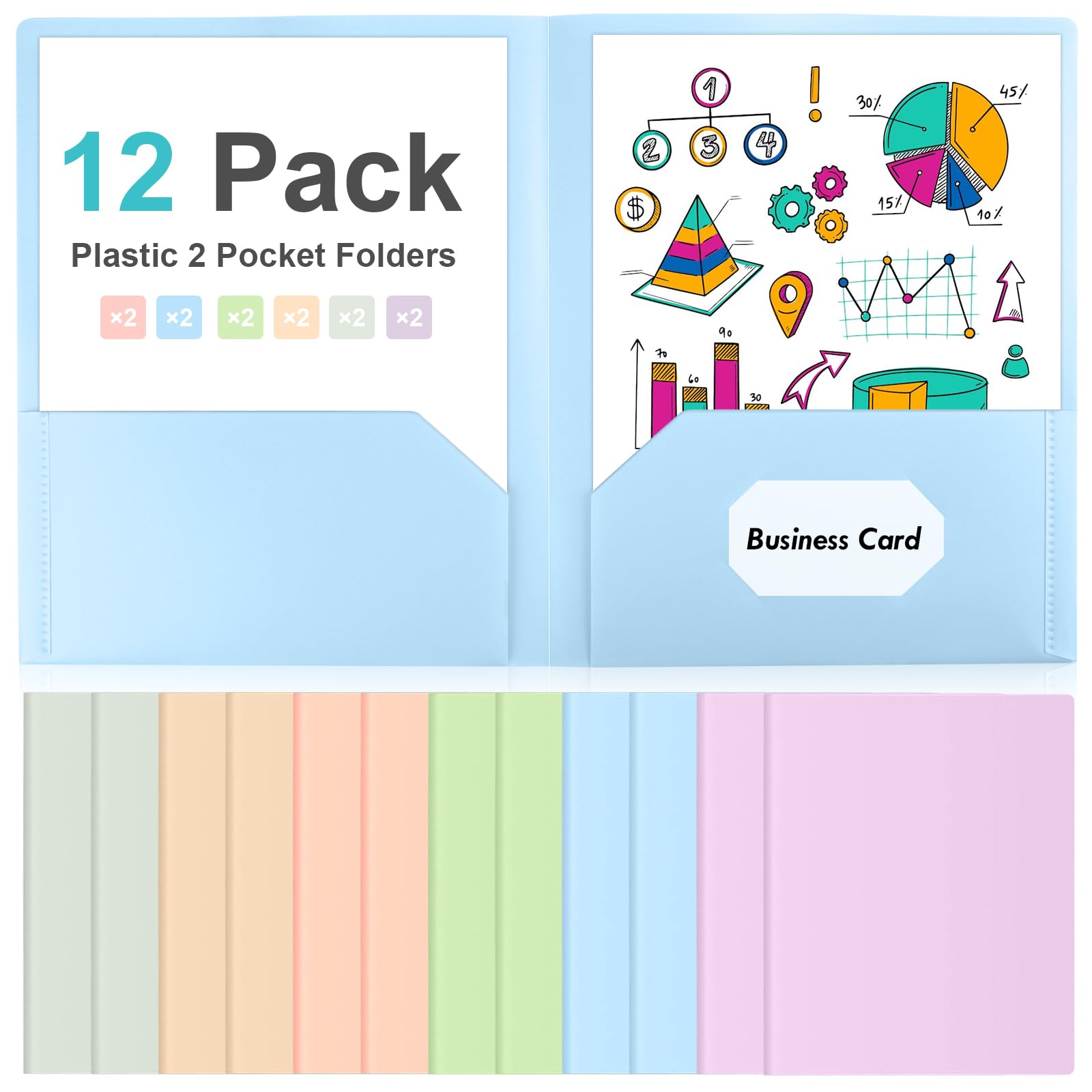 12 Pack Plastic Two Pocket Folders Heavy Duty Letter Size File Folders Assorted Colors Folders with Clear Front Pocket Twin Pocket Folder Bulk Business Card Holder Folder for Office School Home