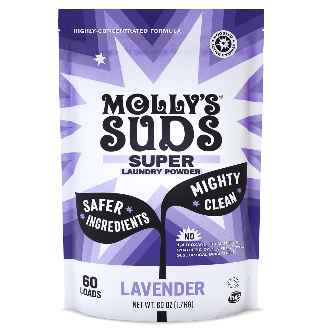 Molly's Suds Super Powder Detergent,Extra Strength Laundry Soap, Stain Fighting,Sensitive Skin,Simple, Effective Ingredients,60 Loads - Lavender