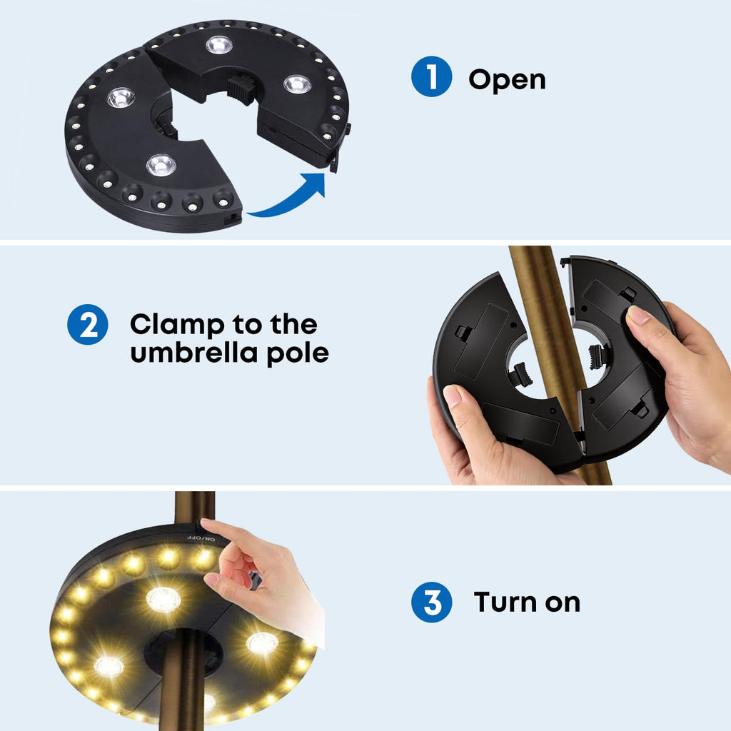 OYOCO Warm White Patio Umbrella Light 3 Brightness Modes Cordless 28 LED Lights at 200 lumens 4 x AA Battery Operated,Umbrella Pole Light for Patio Umbrellas,Camping Tents