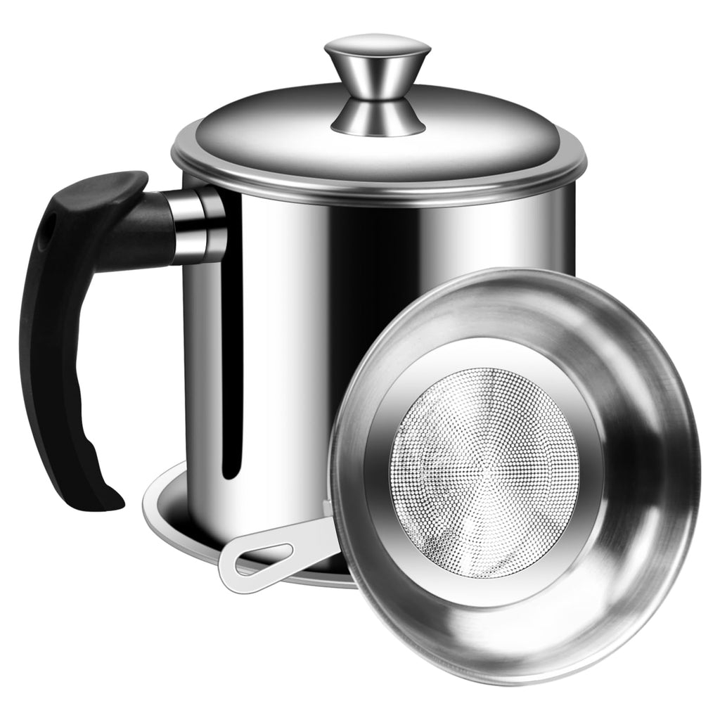 1.3L Oil Strainer Pot, Stainless Steel Bacon Grease Container with Strainer & Lid, Silver Cooking Oil Storage Can Container, Kitchen Oil Fat Storage Fat Tank Pot for Frying Oil and Cooking Grease