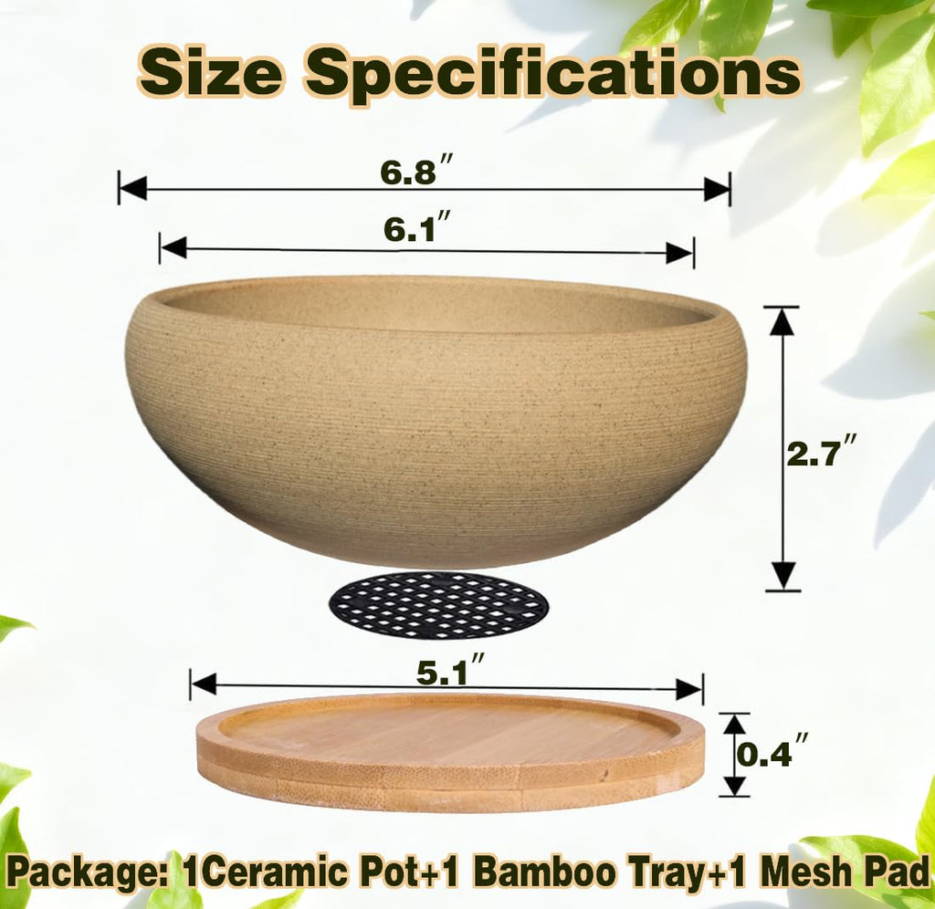 MUZHI Round Unglazed Ceramic Bonsai Pot with Bamboo Tray, Large Rough Pottery Succulent Planter with Drainage Hole 8 inch (6.5”)