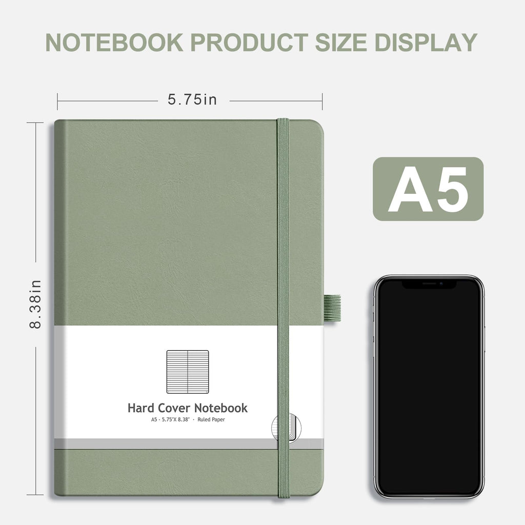 AHGXG Lined Journal Notebook for Work, A5 College Ruled Notebook with 320 Numbered Pages 100 GSM Thick Paper, Hardcover Leather Journal for Women Men Students, 5.7" x 8.3", Sage Green