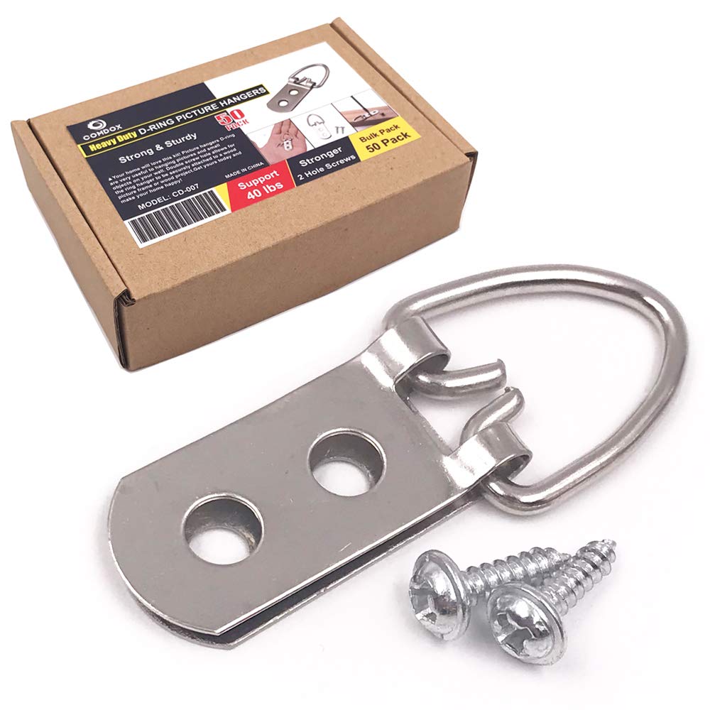 Comdox D Ring Picture Hangers with Screws - 50 Pack Pro Quality Heavy Duty Picture Hooks - 2 Hole, Picture Frame Hardware