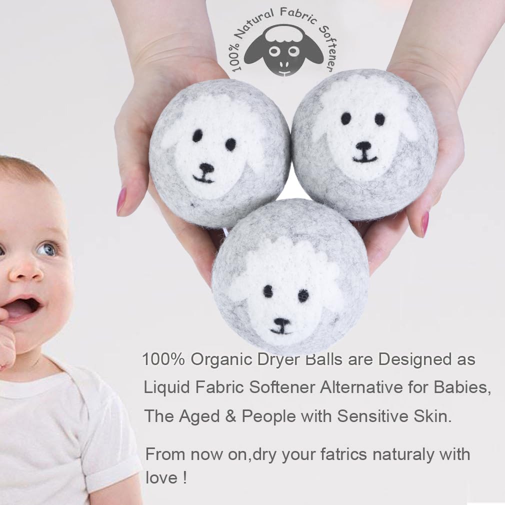 Budieggs Wool Dryer Balls Organic XL 6-Pack, 100% New Zealand Chemical Free Fabric Softener for 1000+ Loads, Baby Safe & Hypoallergenic, Reduce Wrinkles & Shorten Drying Time (Grey Sheep-6pcs)