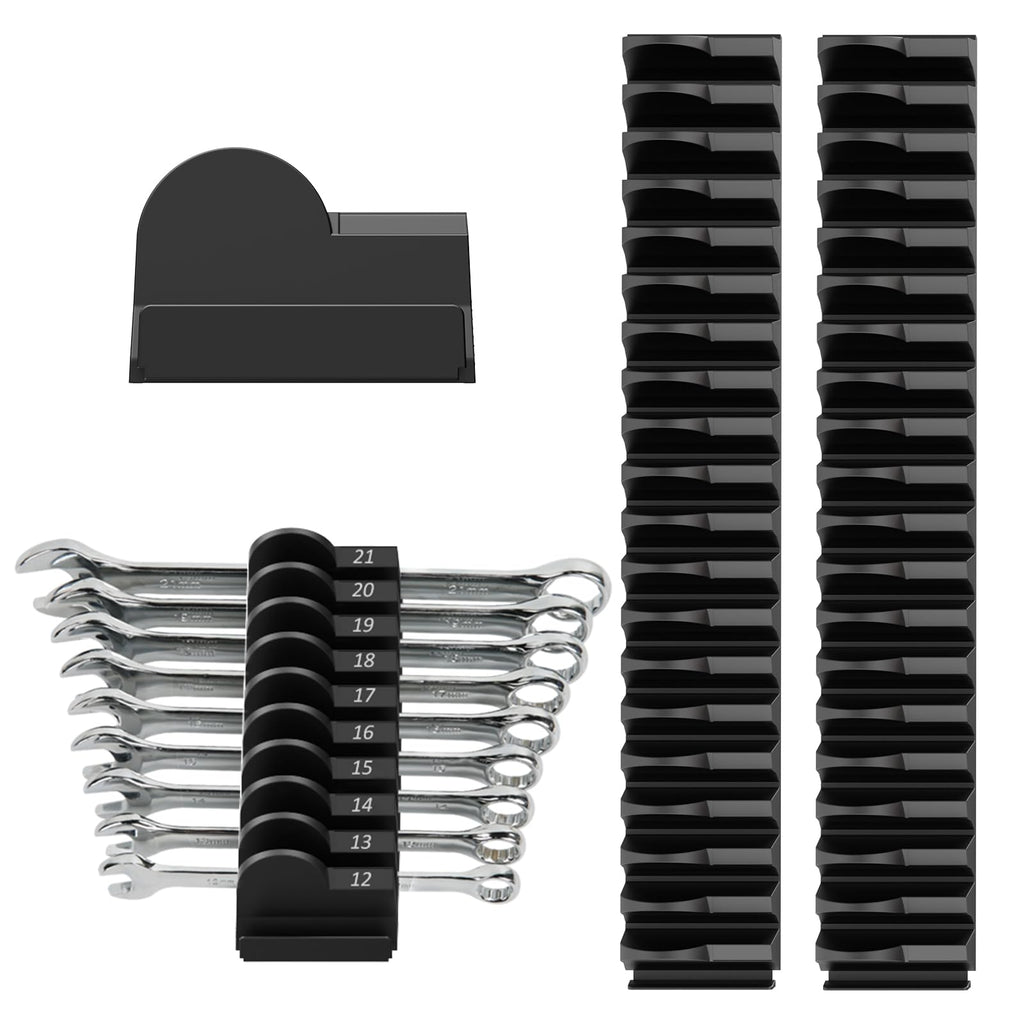52 pcs Modular Wrench Organizers for Tool Drawers - Wrench Rack with Metric&SAE Labels, Perfect Tool Storage Holder. Gift for Father and Boyfriend (Black)