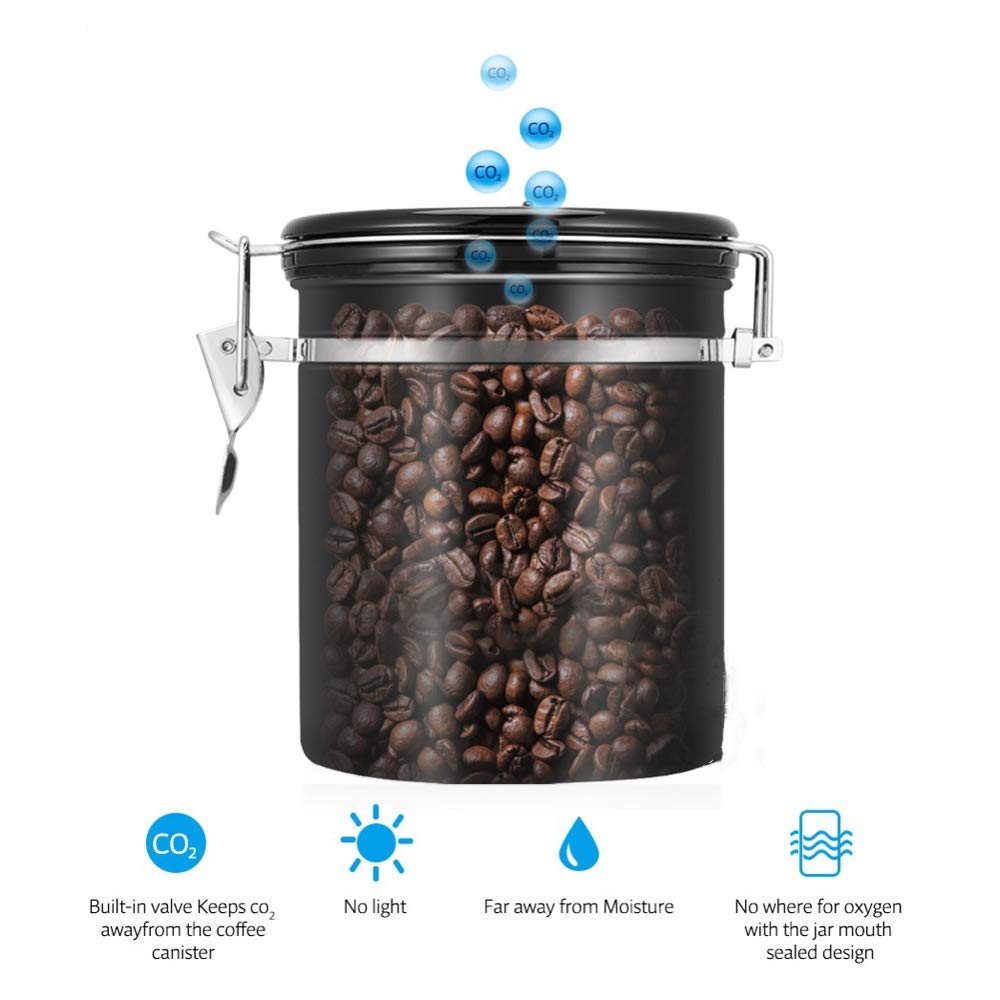 Yopay Airtight Coffee Canister, Stainless Steel Coffee Container with Measuring Scoop for the Kitchen, Coffee Ground Vault Jar With One Way Co2 Valve, Tea Coffee Beans Sugar Fresher, 16 oz, Black