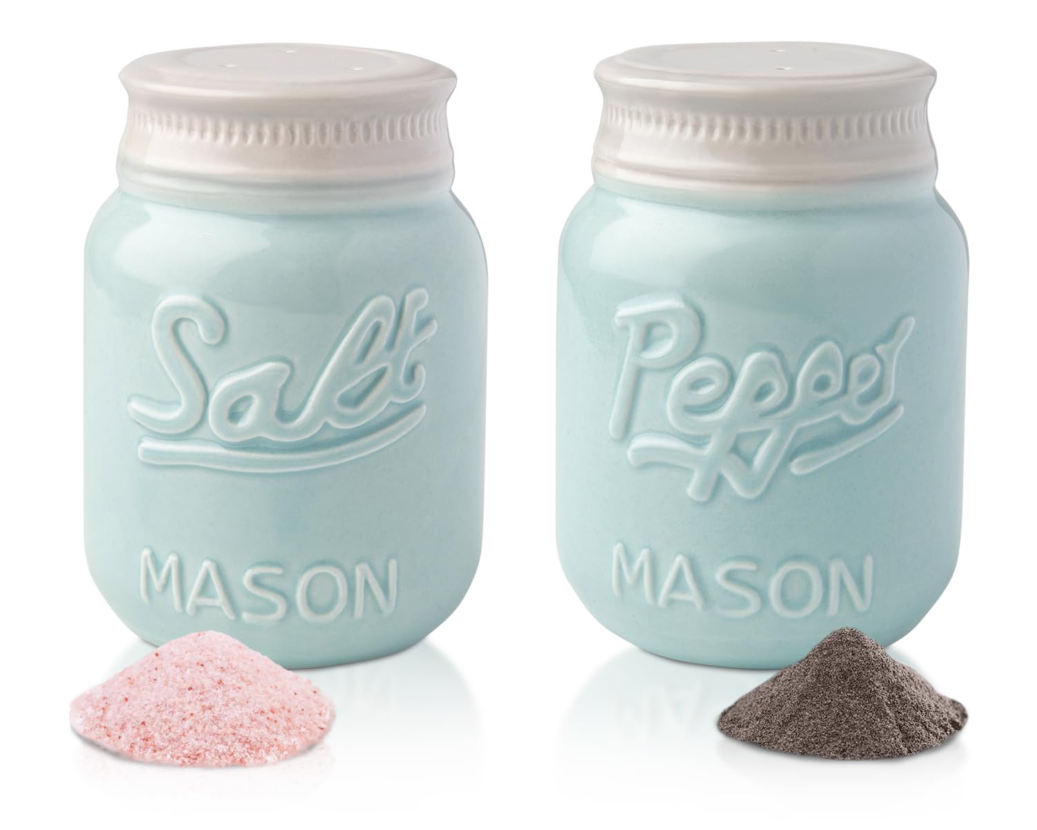 Comfify Vintage Mason Jar Salt & Pepper Shakers - Adorable Decorative Mason Jar Decor for Vintage, Rustic, Shabby Chic - Sturdy Ceramic in Aqua Blue