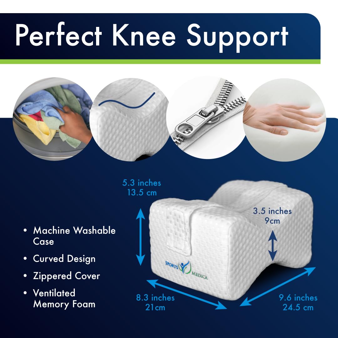 Sports Medica Doctor Developed Ergonomic Knee Pillow for Side Sleepers - eHandbook Included - Memory Foam Spine Alignment Leg Pillow for Sleeping on Side - Hip & Leg Elevation Pillow