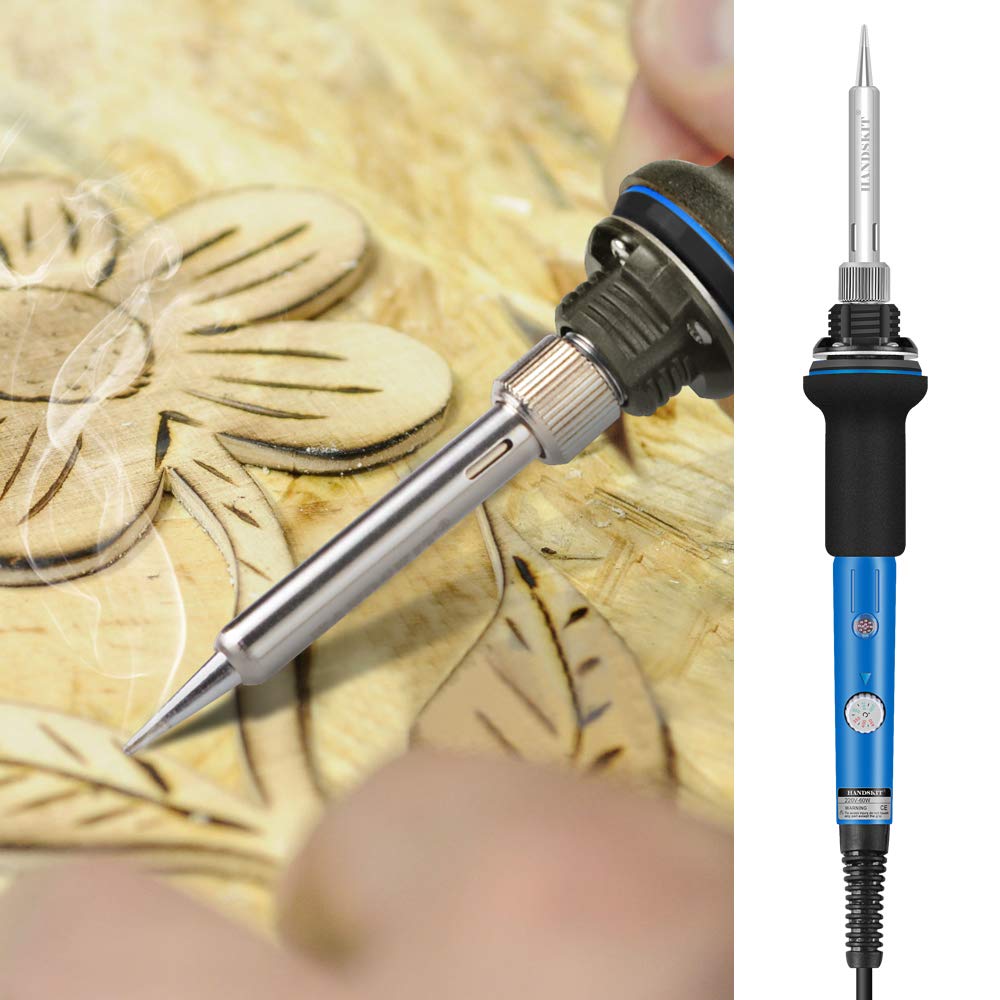 HANDSKIT Soldering Iron Kit, 60W Adjustable Temperature Welding Tool, 5pcs Soldering Iron Tip, Soldering Iron Stand, Desoldering Pump, Tweezers, Solder Wire, Carry Bag