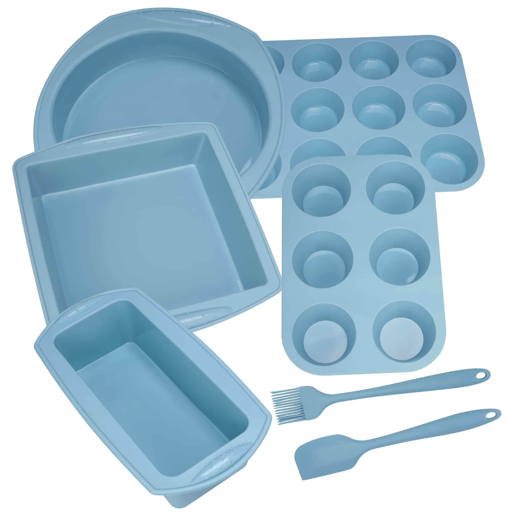 Economical 7in1 Nonstick Silicone Baking Cake Pan Cookie Sheet Molds Tray Set for Oven, Heat Resistant Bakeware Suppliers Tools Kit for Muffin Loaf Bread Pizza Cheesecake Cupcake Pie Utensil