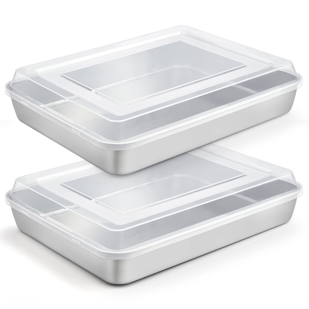 TeamFar Lasagna Pan, 12⅖’’ x 9¾’’ x 1.85’’ Stainless Steel Rectangular Cake Brownie Baking Pan with Lid, Non-Toxic & Heavy Duty, Brush Surface & Deep Side, Dishwasher Safe-2 Pans+2 Lids
